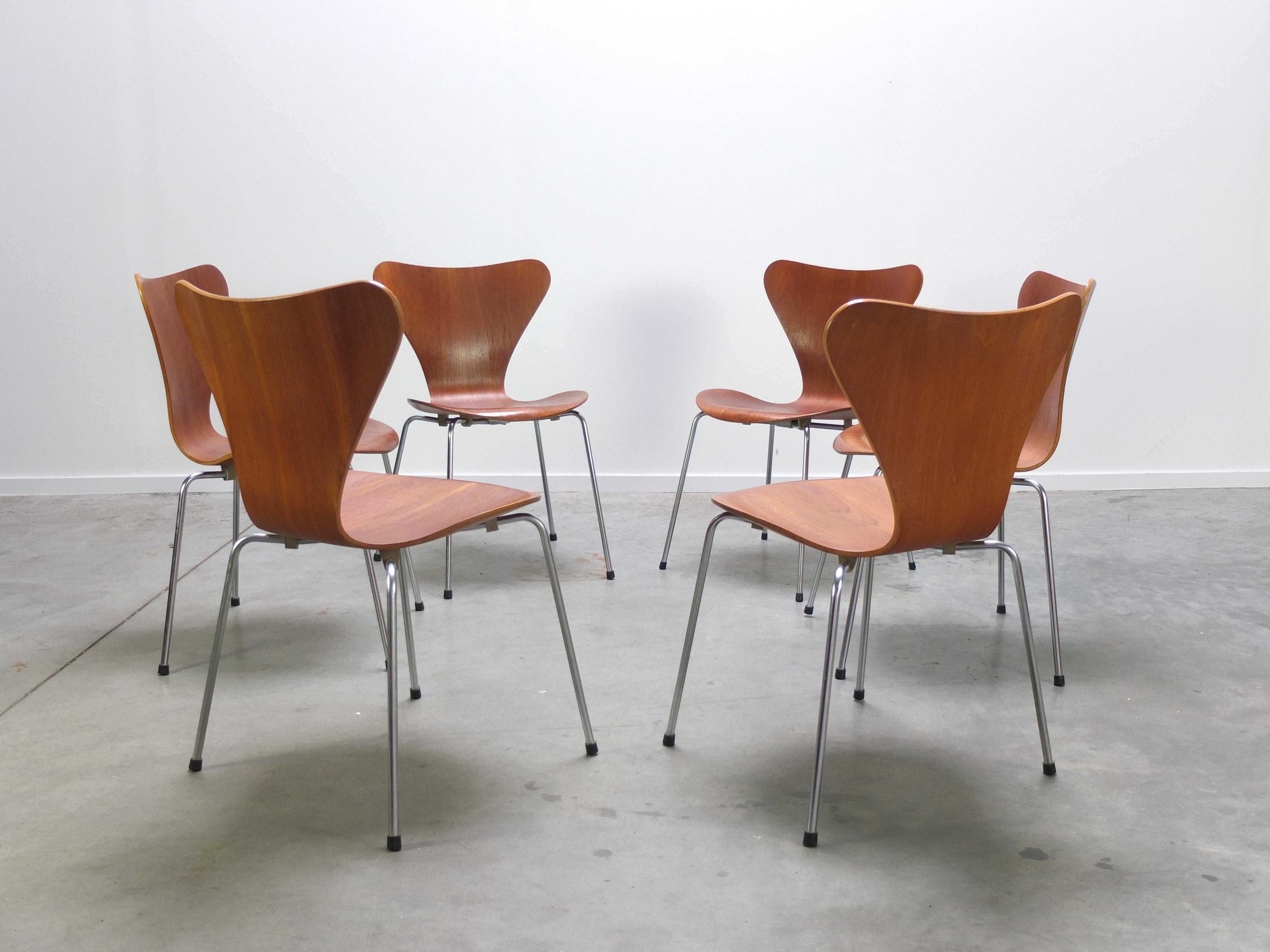 Metal Early Set of 6 Teak 'Series 7' Chairs by Arne Jacobsen for Fritz Hansen, 1955