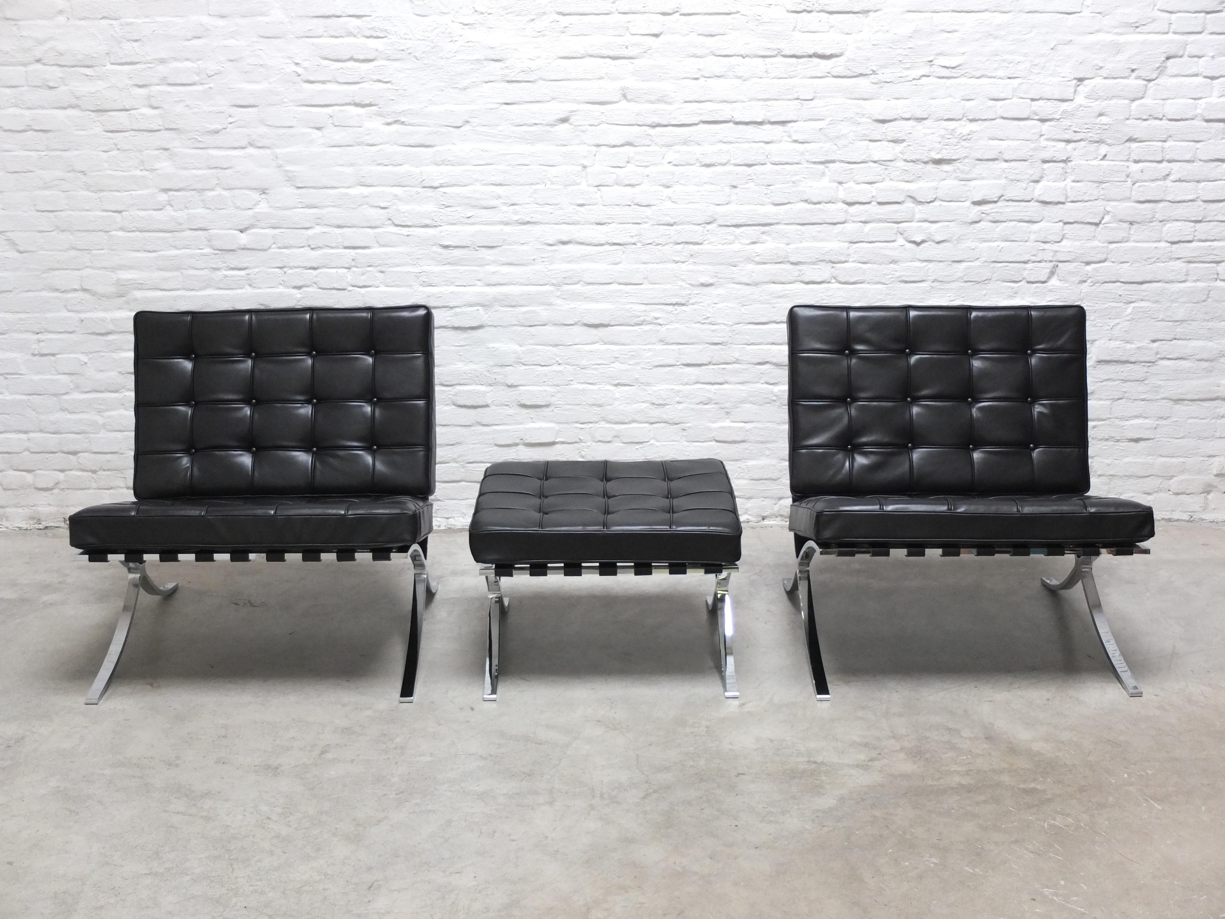 An exceptional early set of this design icon designed by Mies Van Der Rohe in 1929. This set consists of a pair of chairs with a matching ottoman manufactured by De Coene in Belgium under license for Knoll International at the end of the 1960s. All
