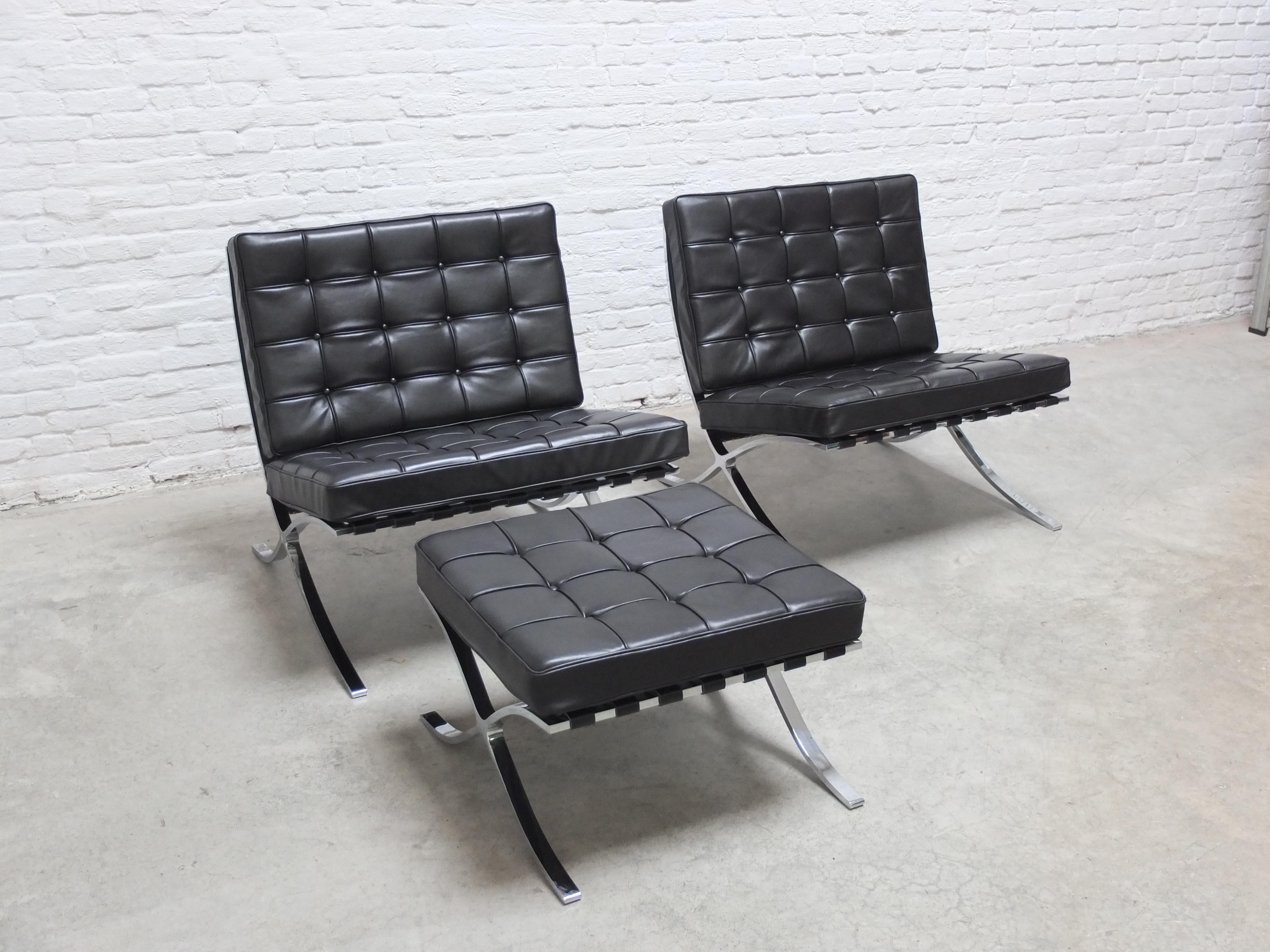 Belgian Early Set of Barcelona Chairs with Ottoman by Mies Van Der Rohe for Knoll, 1960s For Sale