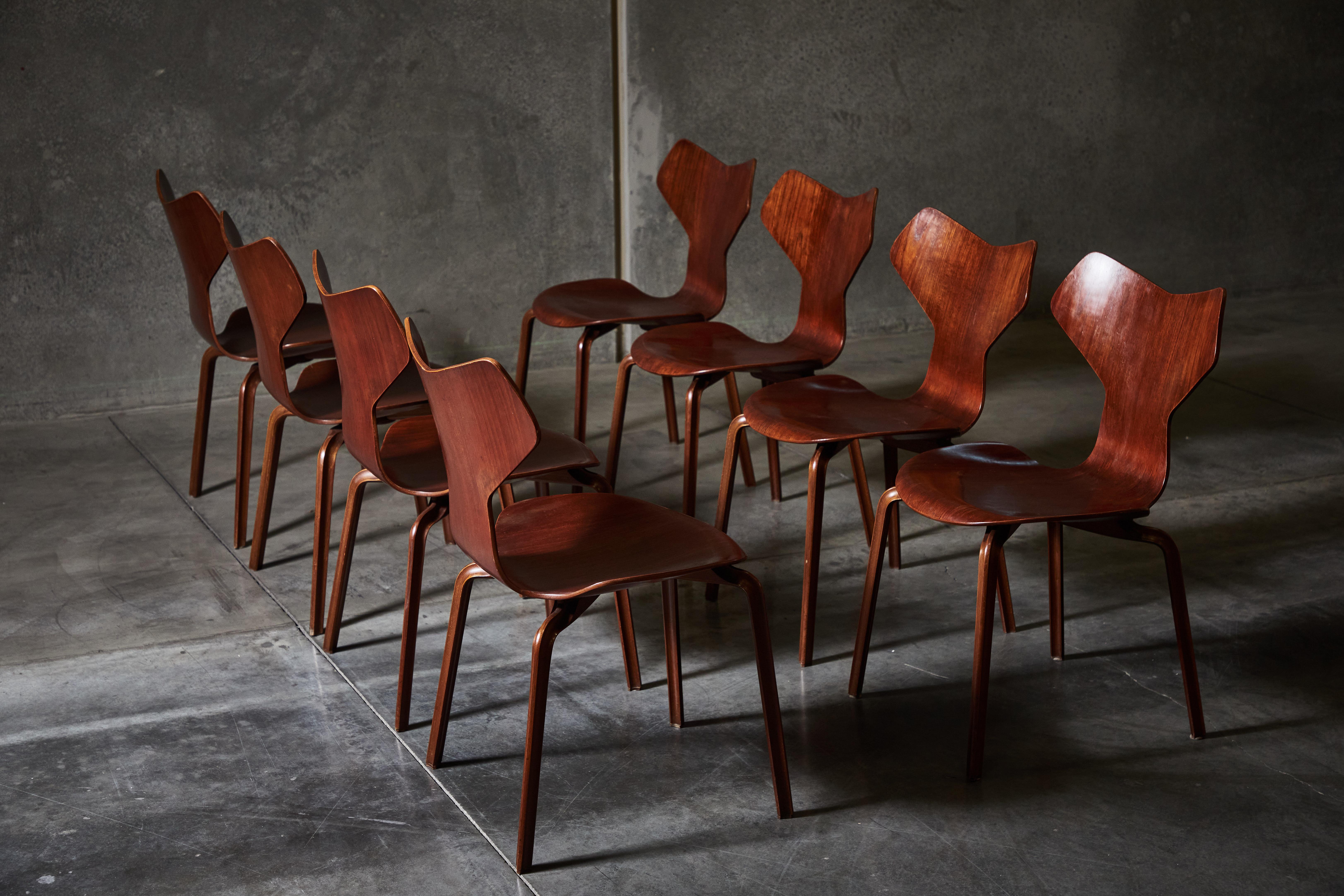 Teak Early Set of Eight Grand Prix Chairs by Arne Jacobsen