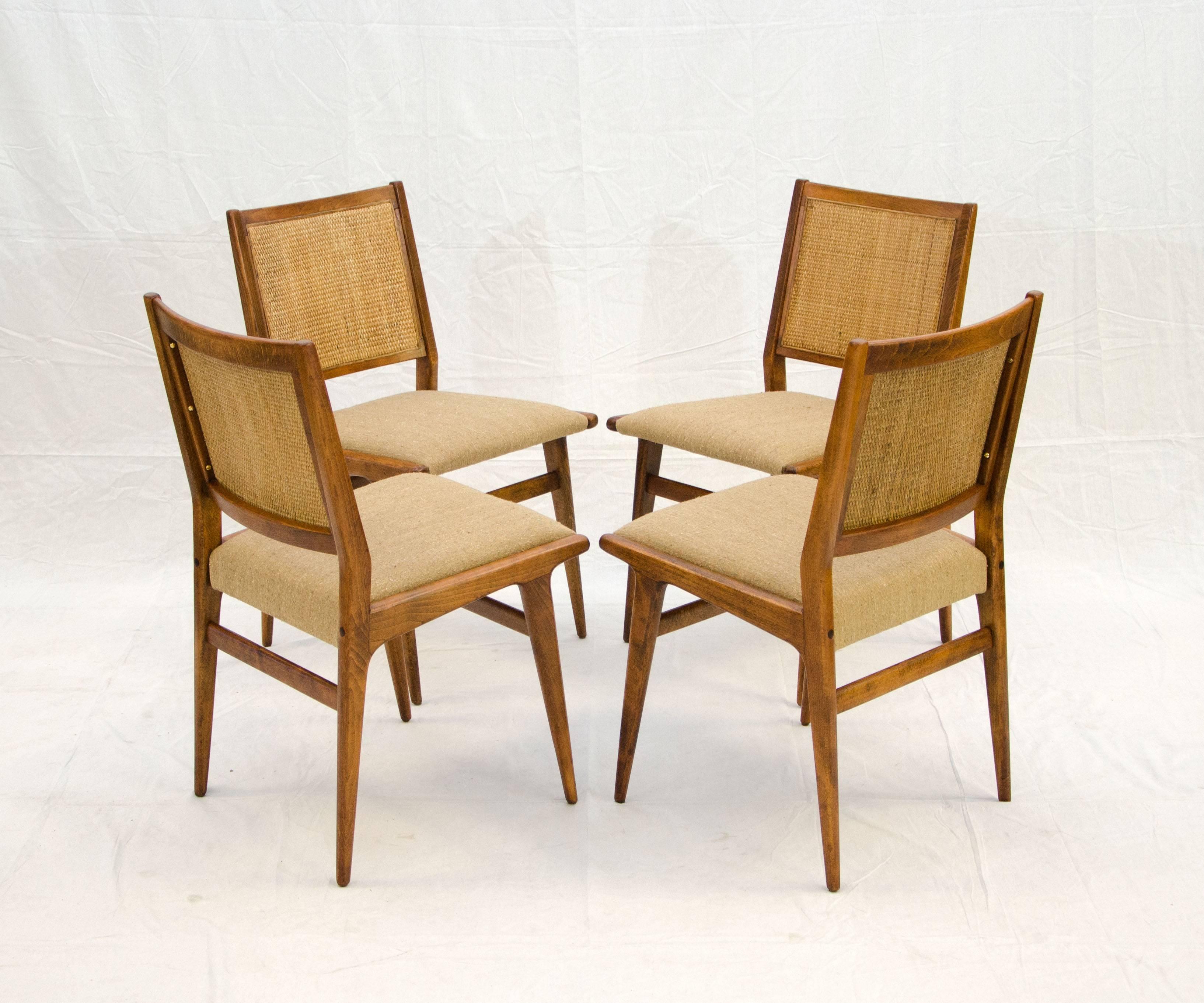 Scandinavian Modern Early Set of Four Jens Risom Dining Chairs with Caned Backs