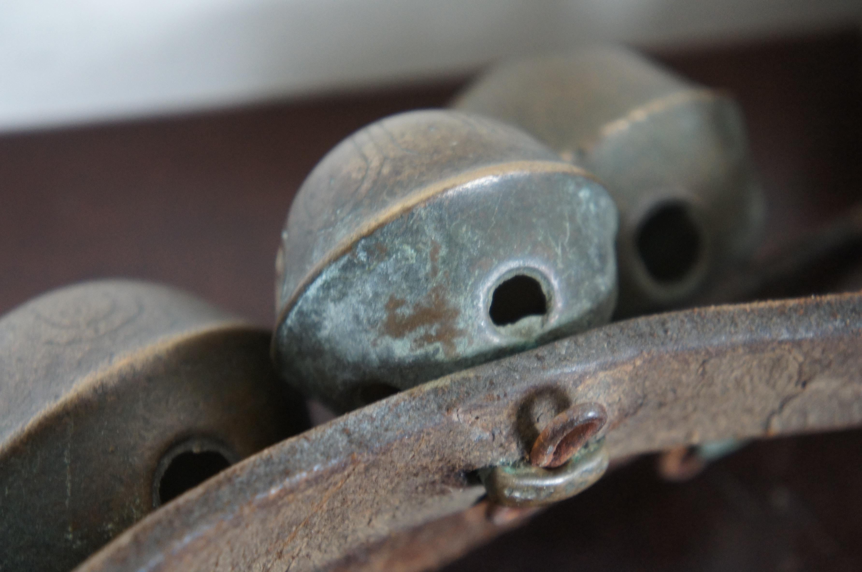 Early Set of Graduated 25 Brass Sleigh Bells Leather Horse Carriage Equine 6