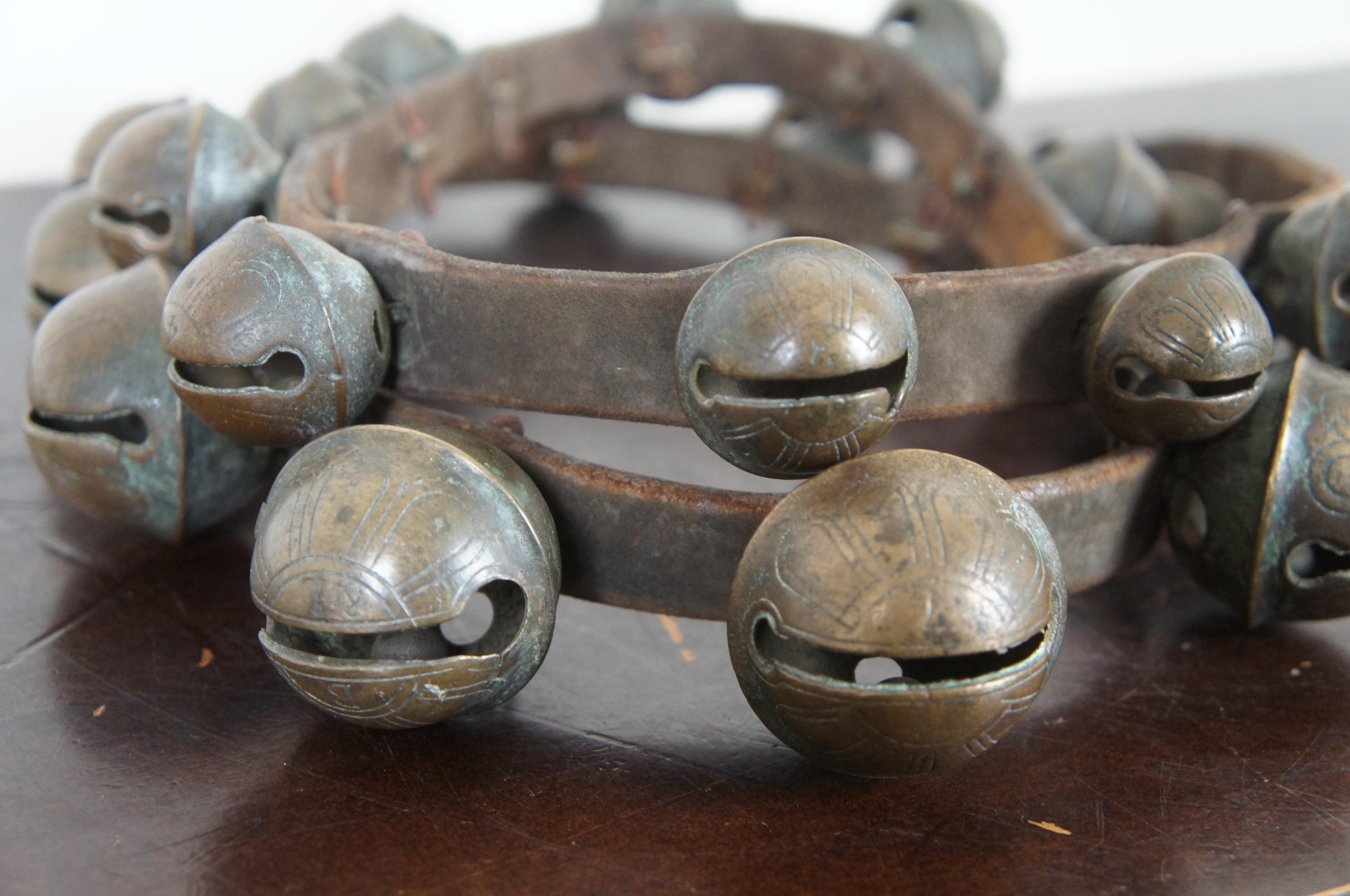 Early Set of Graduated 25 Brass Sleigh Bells Leather Horse Carriage Equine 7