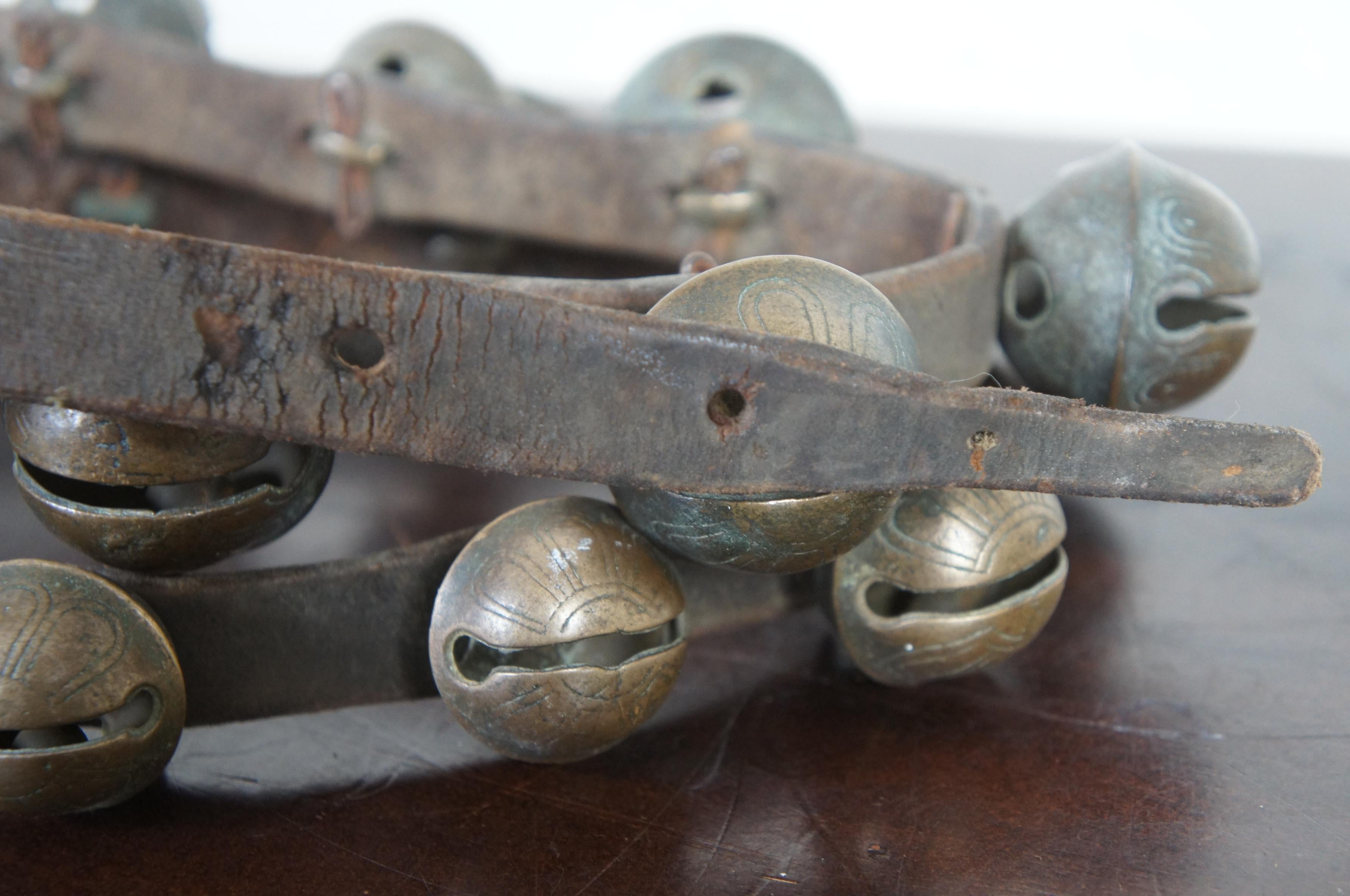 Early Set of Graduated 25 Brass Sleigh Bells Leather Horse Carriage Equine 3