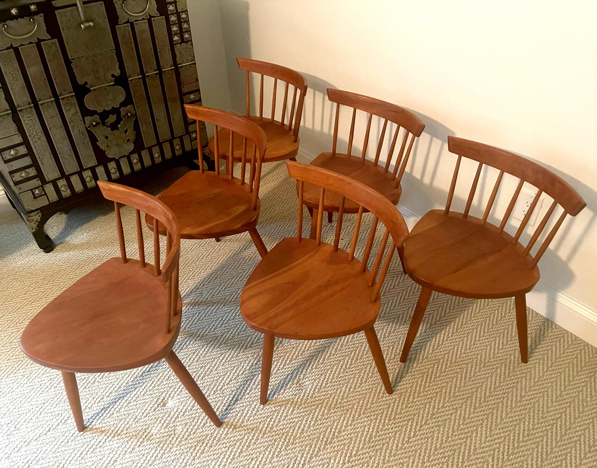 An exceptional set of six Mira chairs custom made by George Nakashima in his New Hope Studio, circa 1959. Early work that was commissioned by using cherry wood. The Mira chair was named after George's daughter Mira and designed to be light and