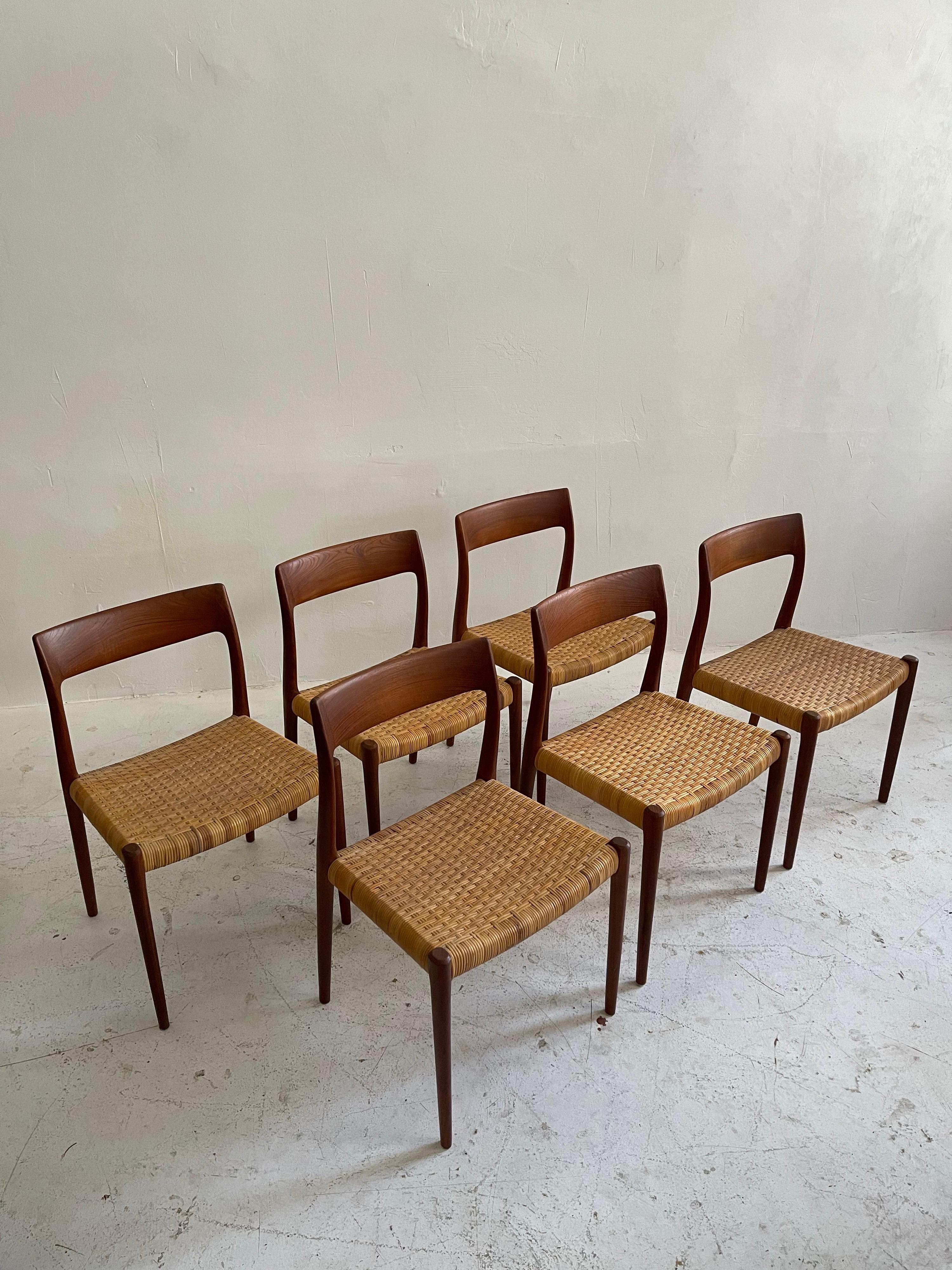 Early set of six Moller chairs No 77, Denmark 1958. Rare version with Hans Wegner Cane weaving on the seats.