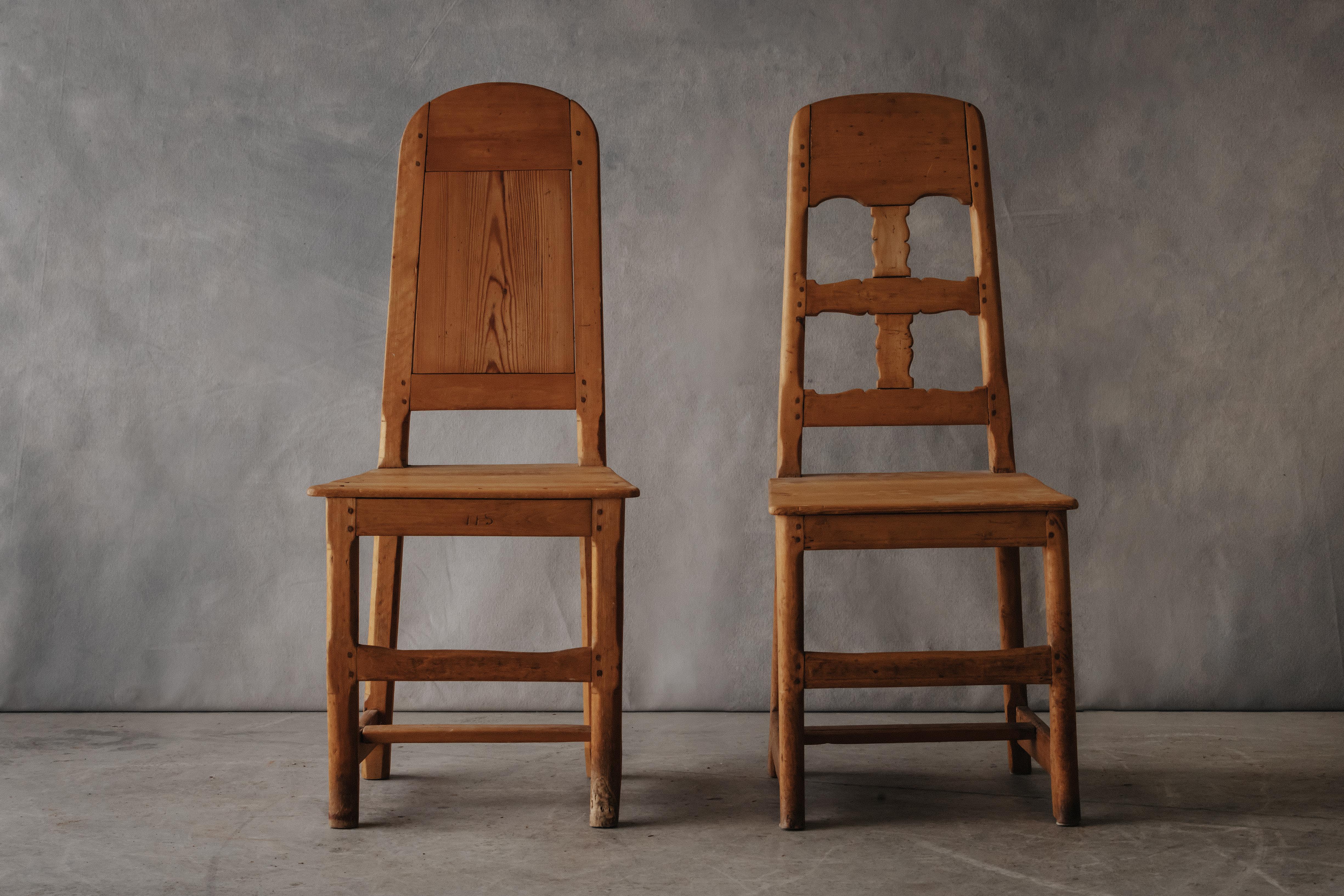Early Set of Swedish Folk Chairs, Circa 1800.  Solid pine construction with nice wear and use.  Measurement is for chair on left.  Chair on right measures:
H - 41 / W - 17 / D - 18.5 / S - 18