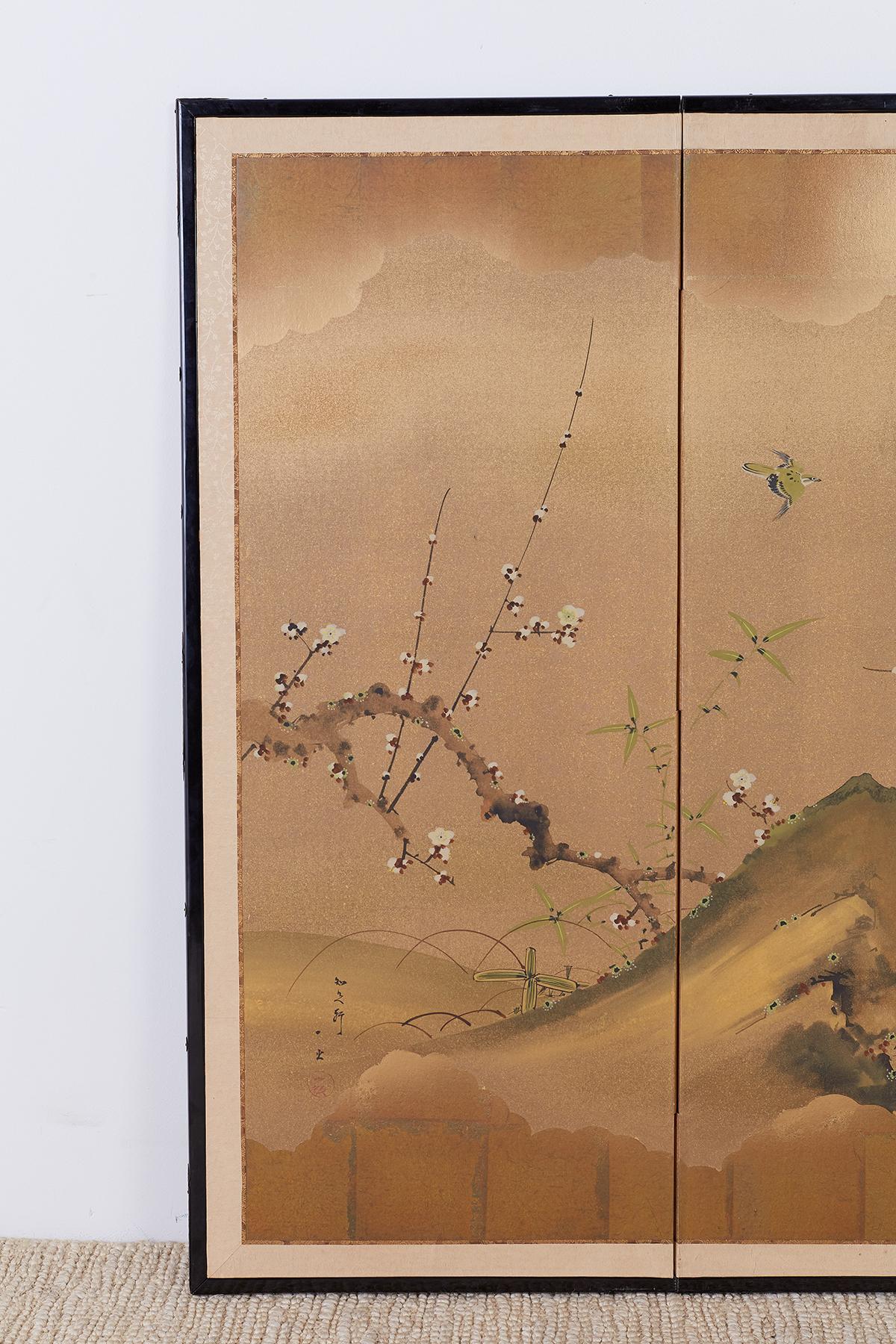 Ebonized Early Showa Japanese Four Panel Screen Flora and Fauna