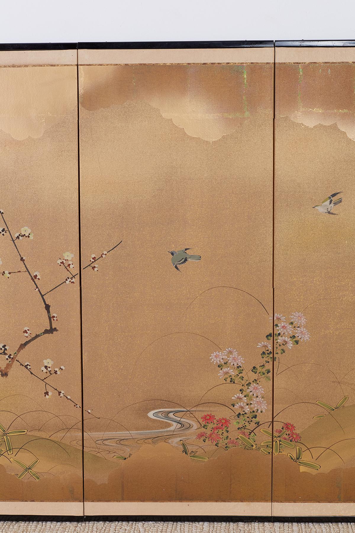 20th Century Early Showa Japanese Four Panel Screen Flora and Fauna