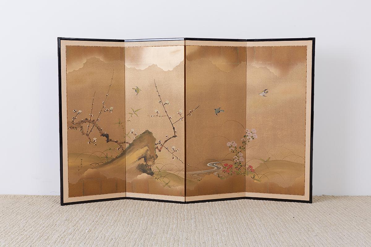 Early Showa Japanese Four Panel Screen Flora and Fauna 2