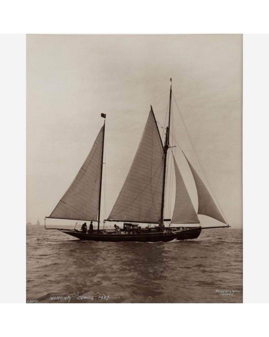 Early silver gelatin photographic print by Beken of Cowes - Yacht Norena racing at Cowes.