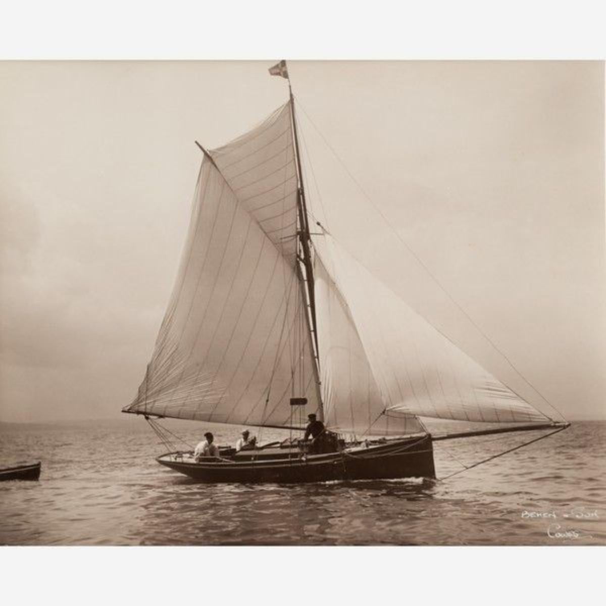 Early silver gelatin photographic print by Beken of Cowes - Yacht Witch, Royal Thames Yacht Club towing a tender.