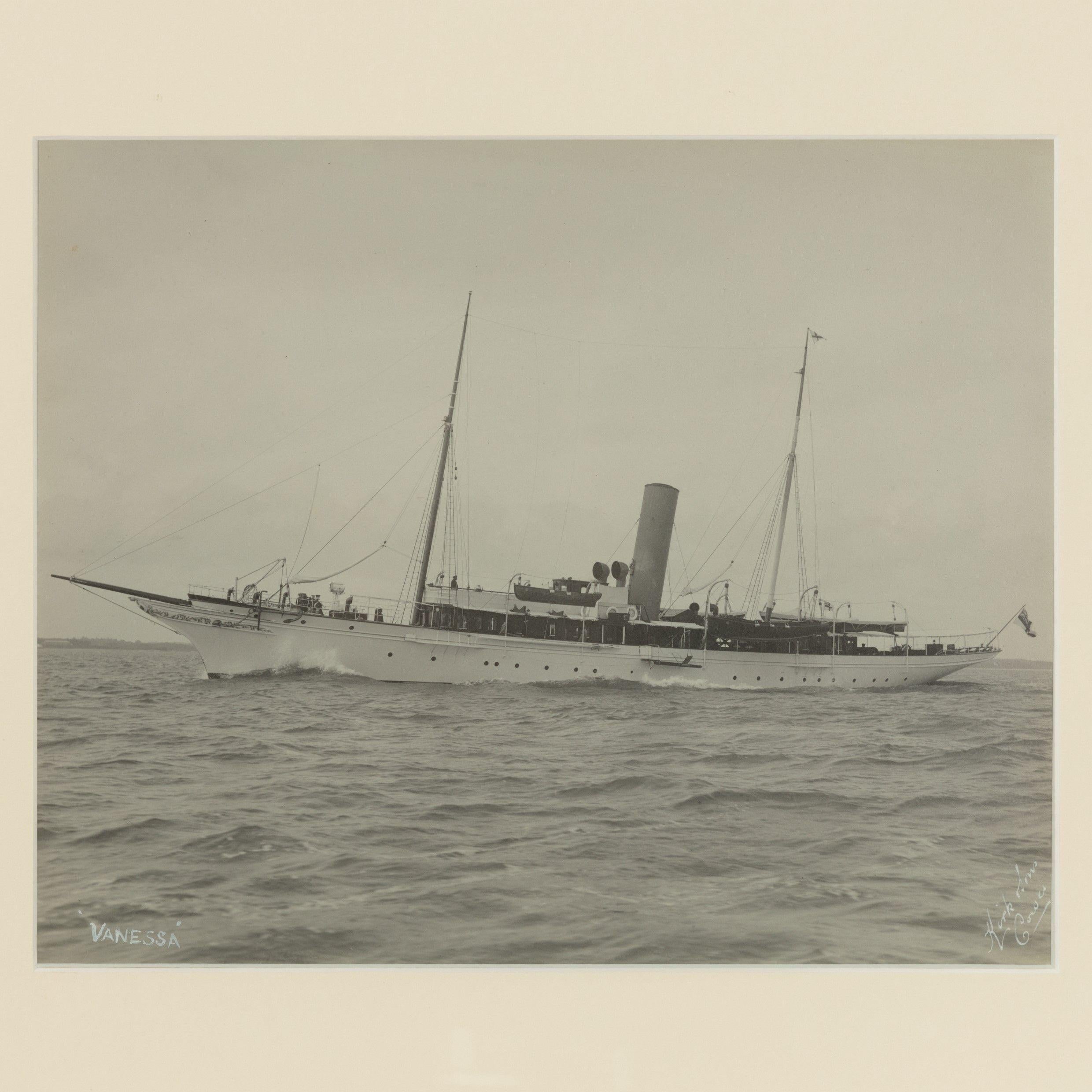 Early silver gelatin photographic print of the sailing yacht Venessa sailing in the Solent, flying the white ensign of the Royal Yacht Squadron, by Kirk and sons. Signed in white ink.

William Umpleby Kirk (Kirk and Sons) A photographer of the