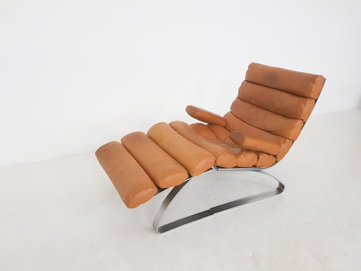Mid-Century Modern Early Sinus Cognac Leather Lounge Chair by Adolf & Schröpfer for COR, Germany