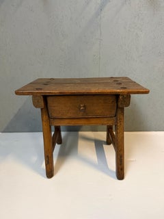 Early Spanish Pine Side Table with Drawer, Primitive Rustic Table, 19th century
