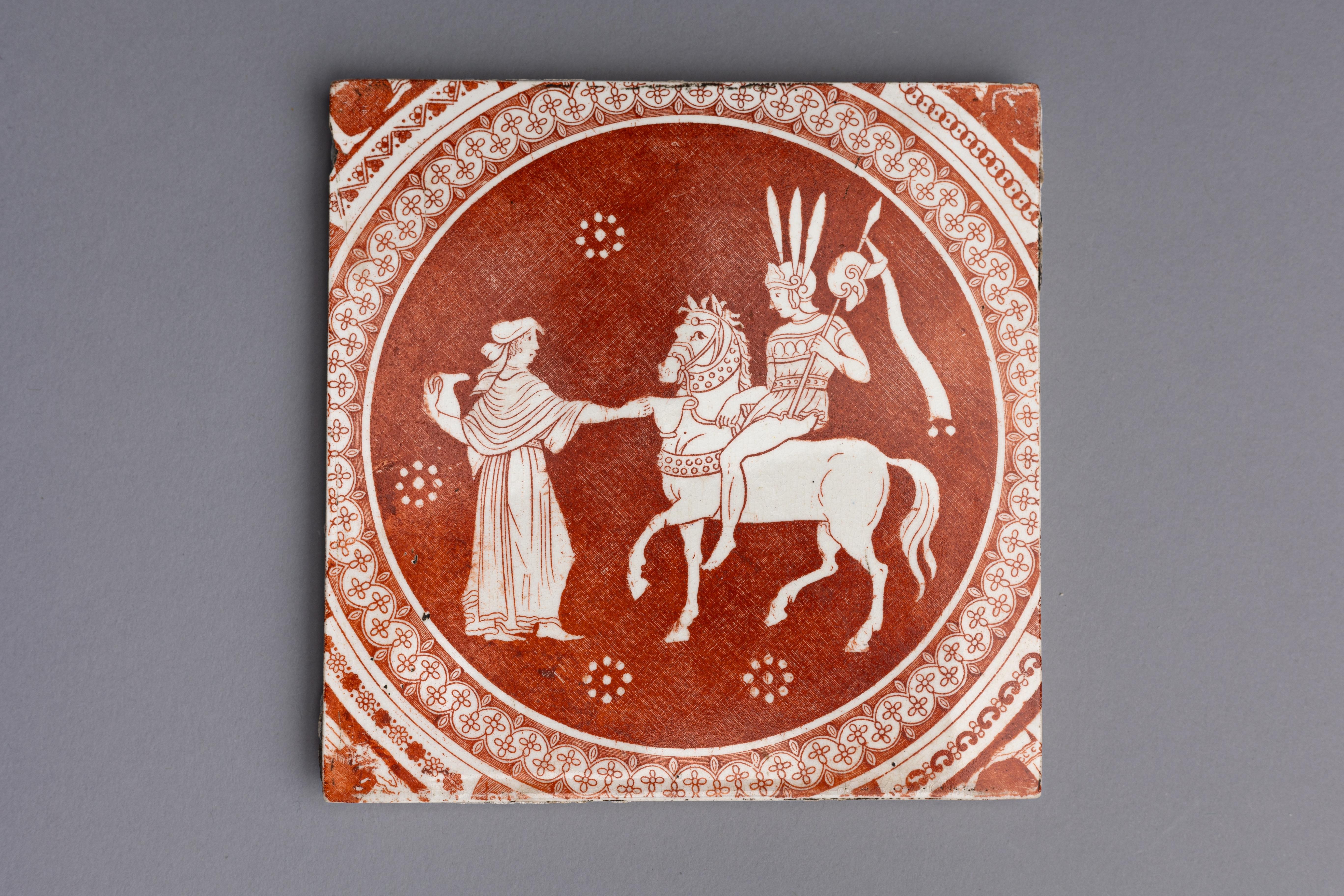 Neoclassical Early Spode Red Greek Pattern Tile For Sale