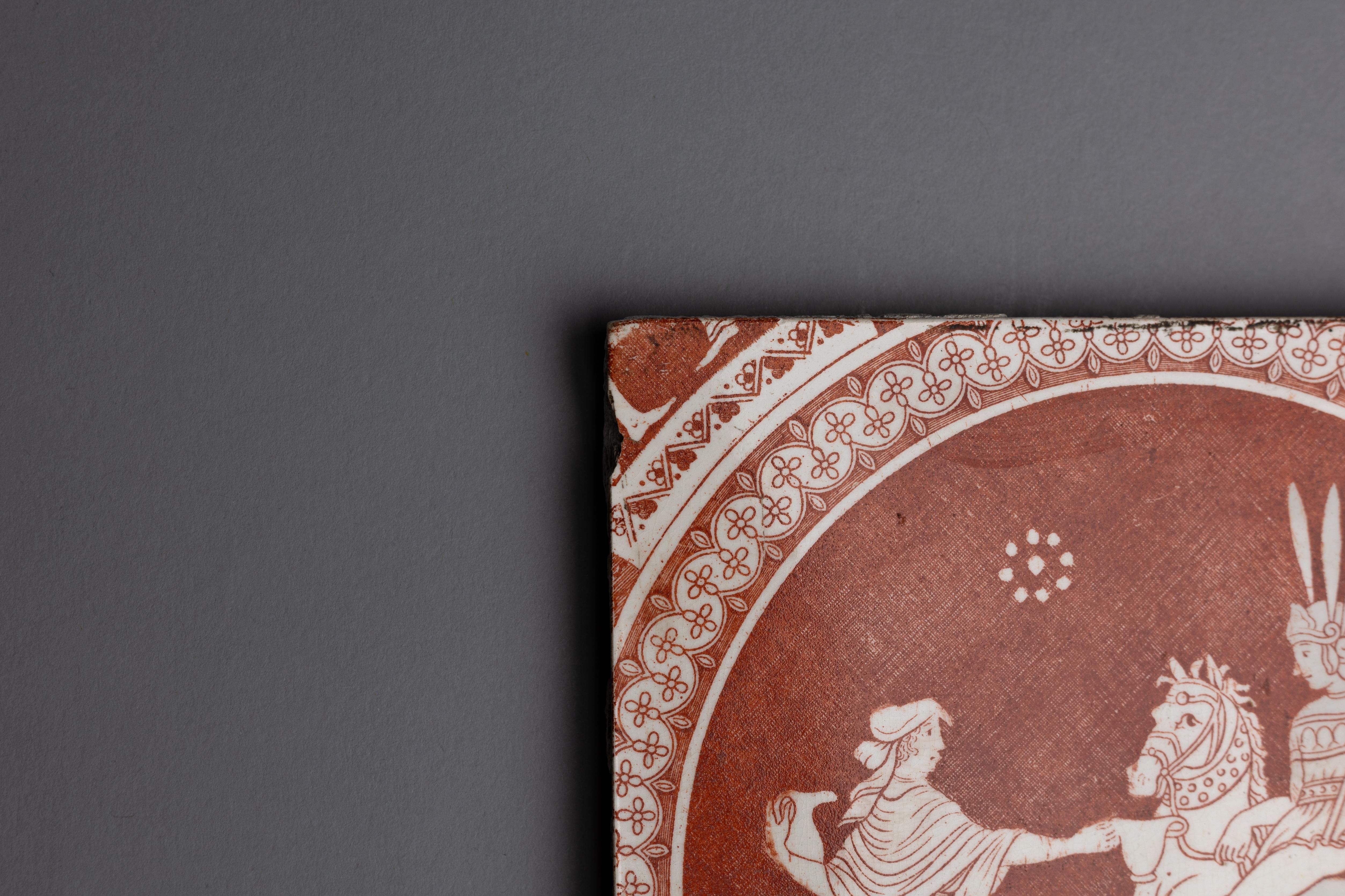 English Early Spode Red Greek Pattern Tile For Sale