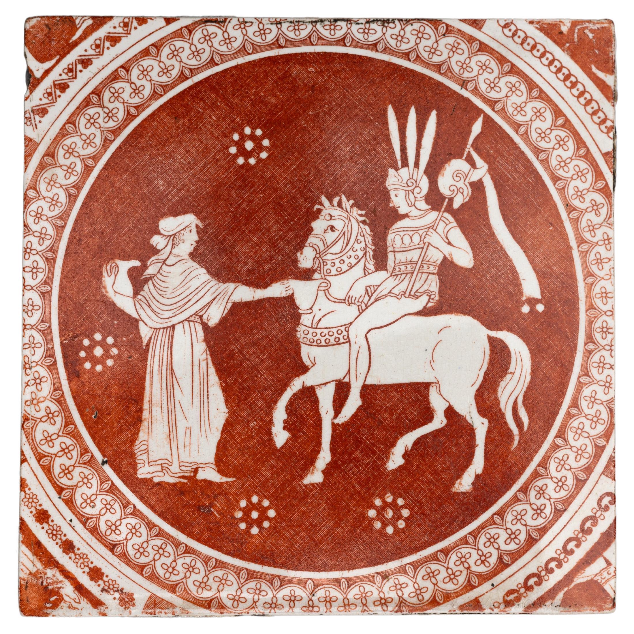 Early Spode Red Greek Pattern Tile For Sale