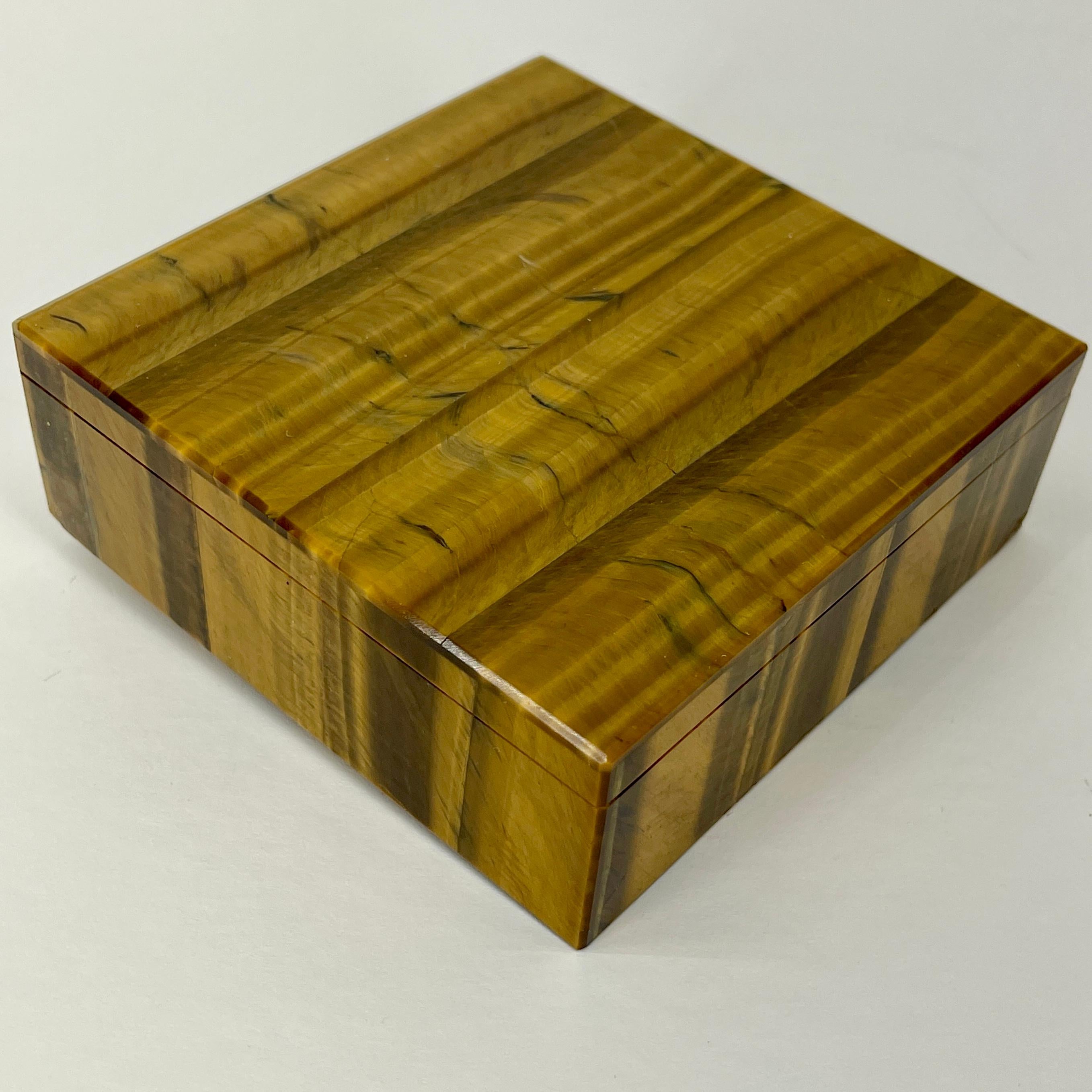 20th Century Early Square Italian Tiger Eye Jewelry or Cigarette Box