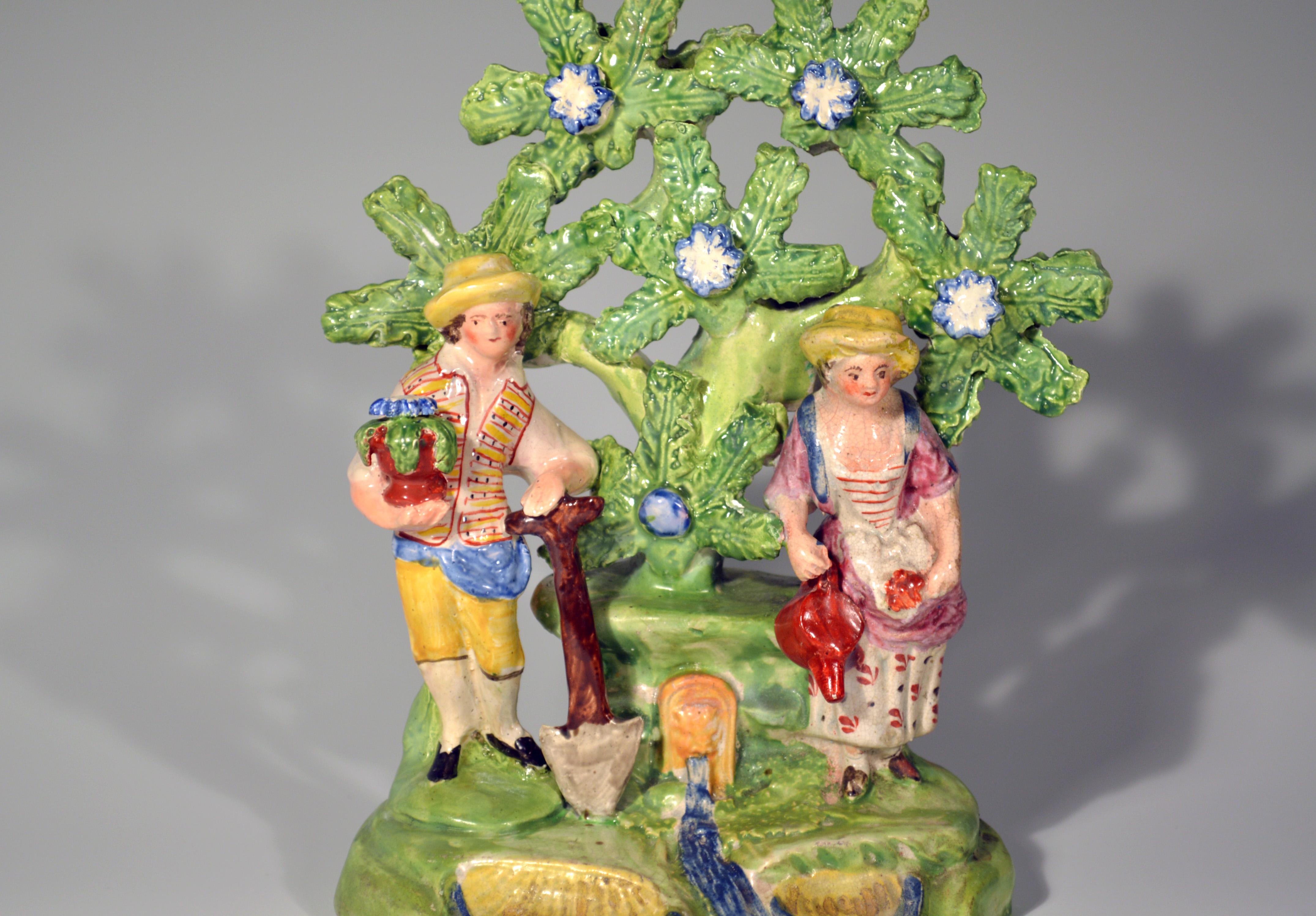 Early Staffordshire Bocage Figure Group of Gardener and Companion, circa 1825 In Good Condition In Downingtown, PA