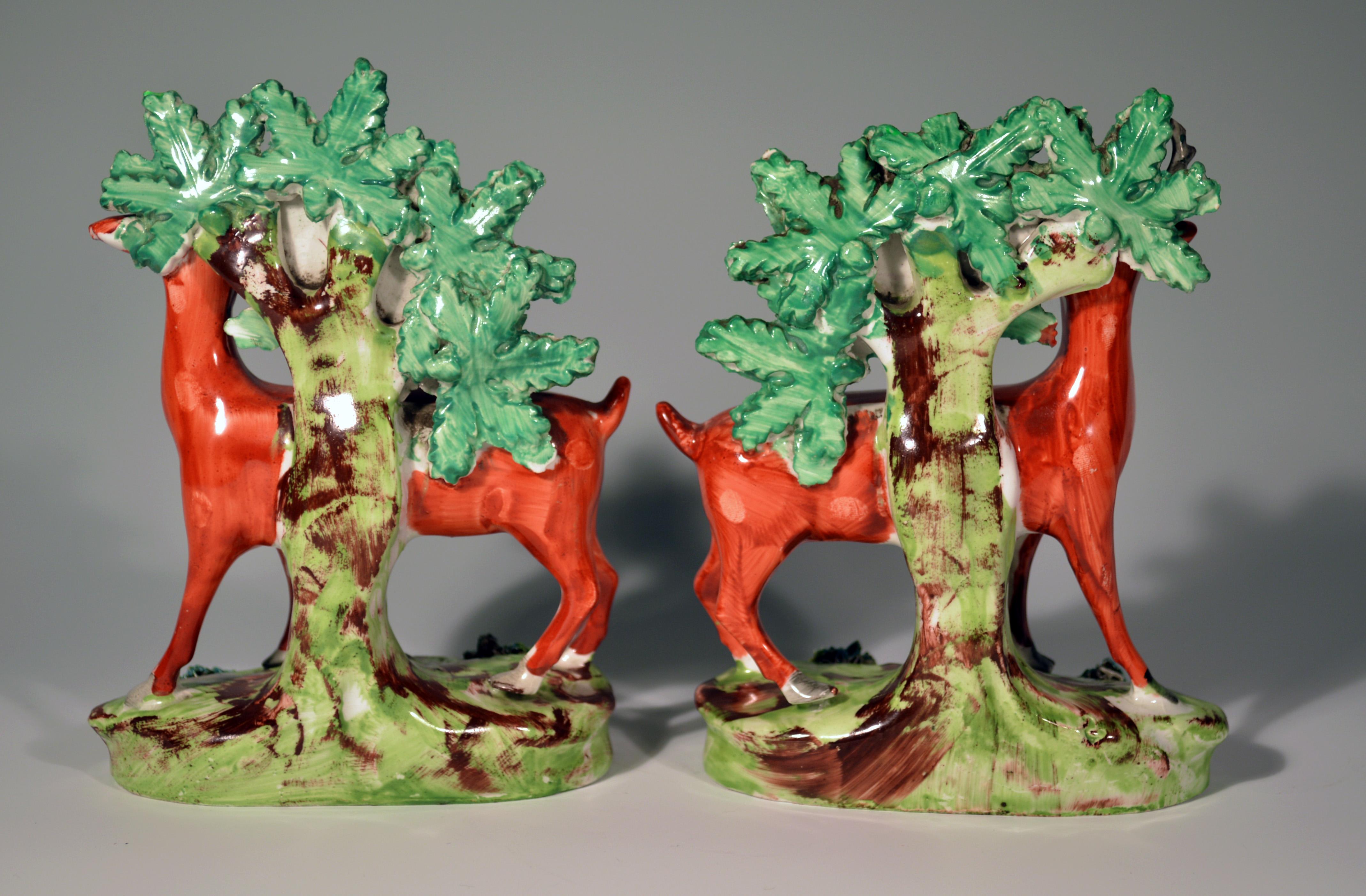 19th Century Early Staffordshire Pearlware Pair of Deer Bocage Figures, circa 1825