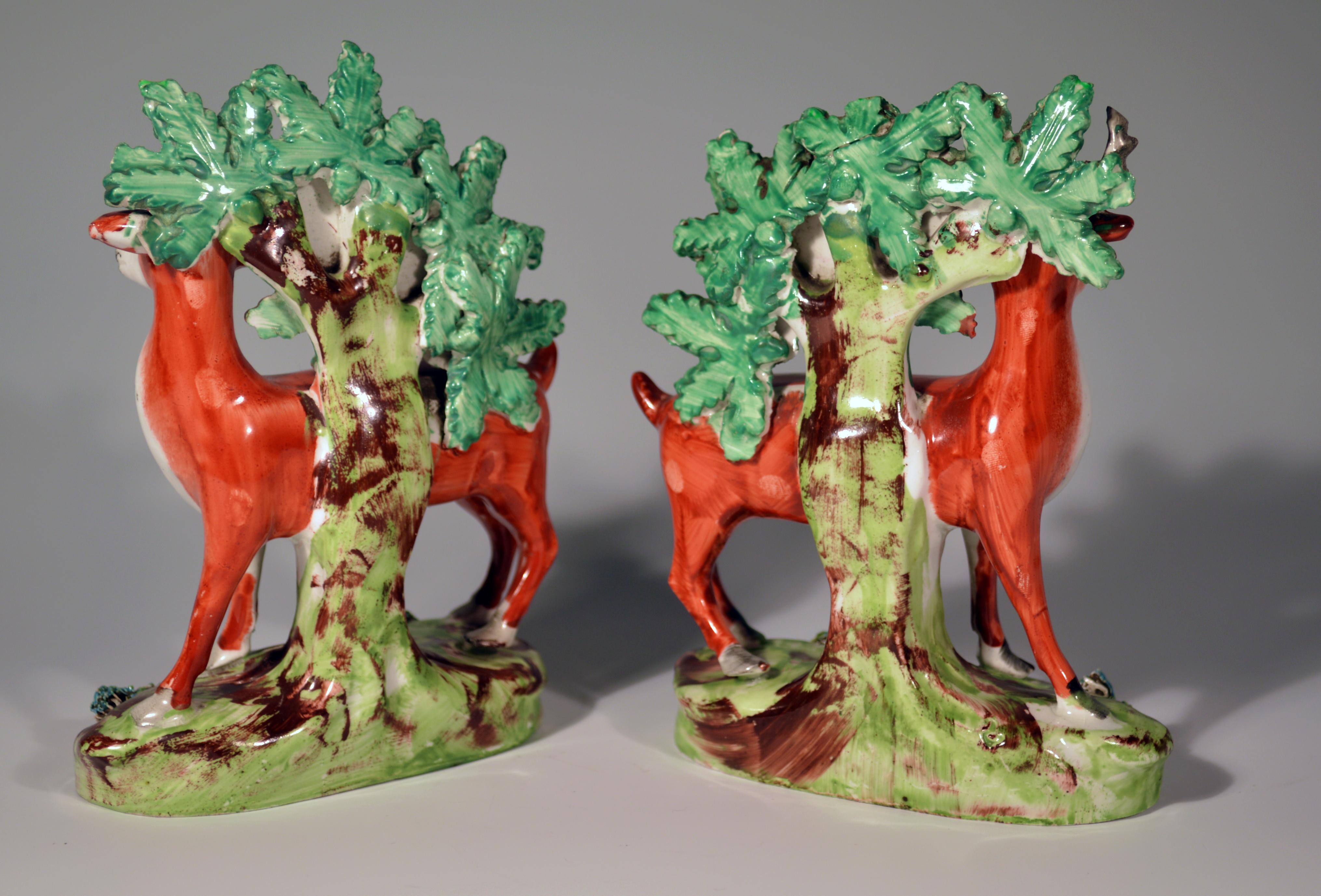 Early Staffordshire Pearlware Pair of Deer Bocage Figures, circa 1825 1