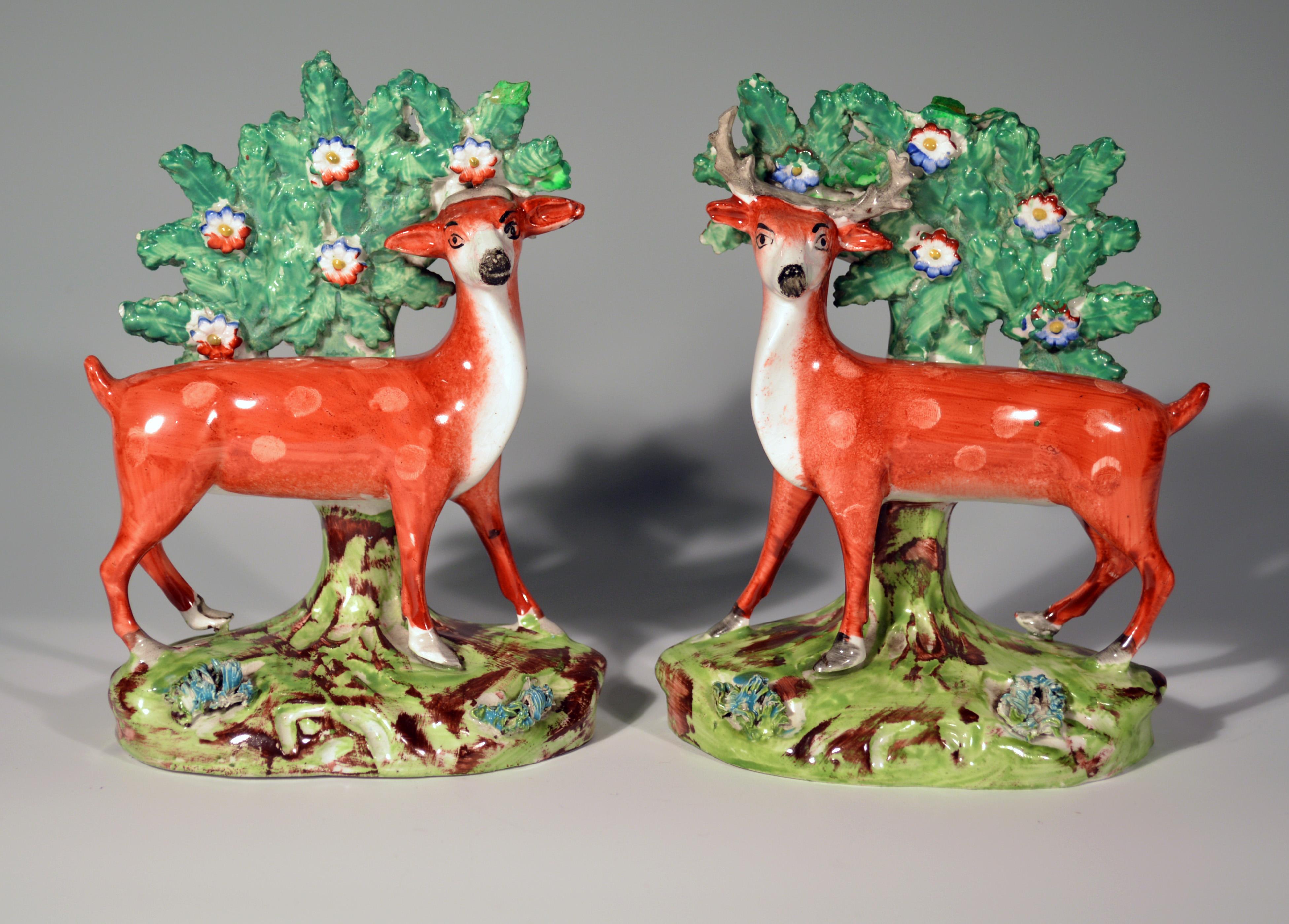 Early Staffordshire Pearlware Pair of Deer Bocage Figures, circa 1825 2