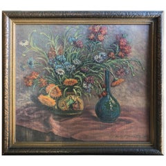 Antique Early Still Life with Flowers and Blue Vase