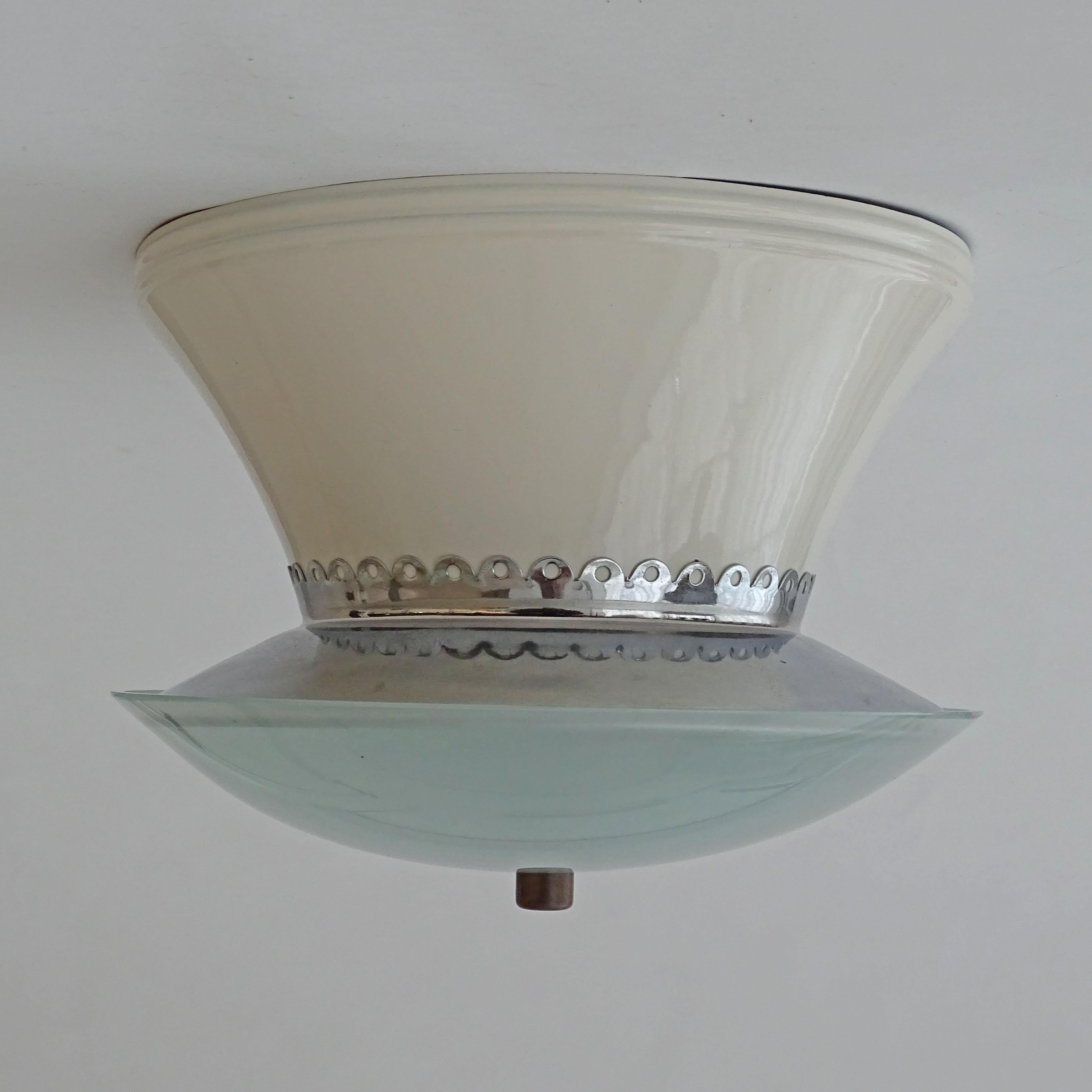 Early Stilnovo Flush Mount Ceiling Light, 
Carries three lamp bulbs.
Italy 1940s