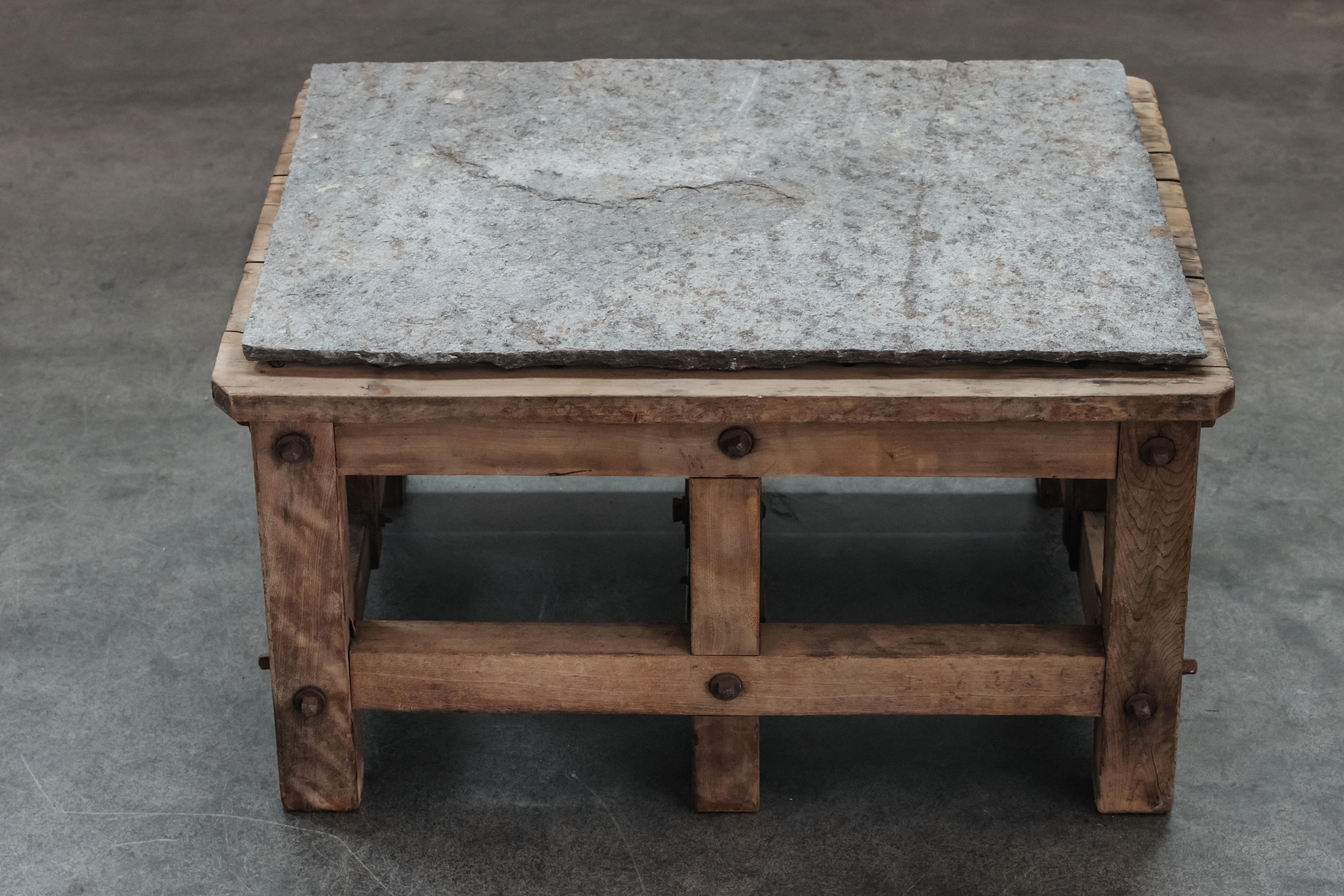 Early Stone Coffee Table From France, Circa 1900.  Solid oak construction with a grey slate top.  Nice model with great patina and use.