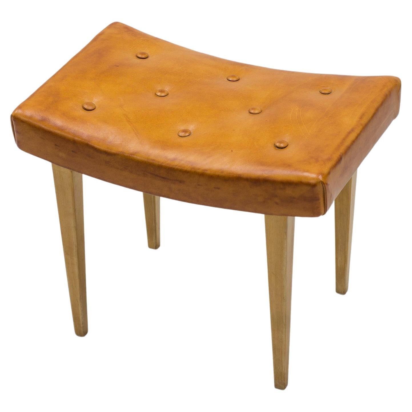 Early stool with cognac leather and birch by Bruno Mathsson, Karl Mathsson 1941