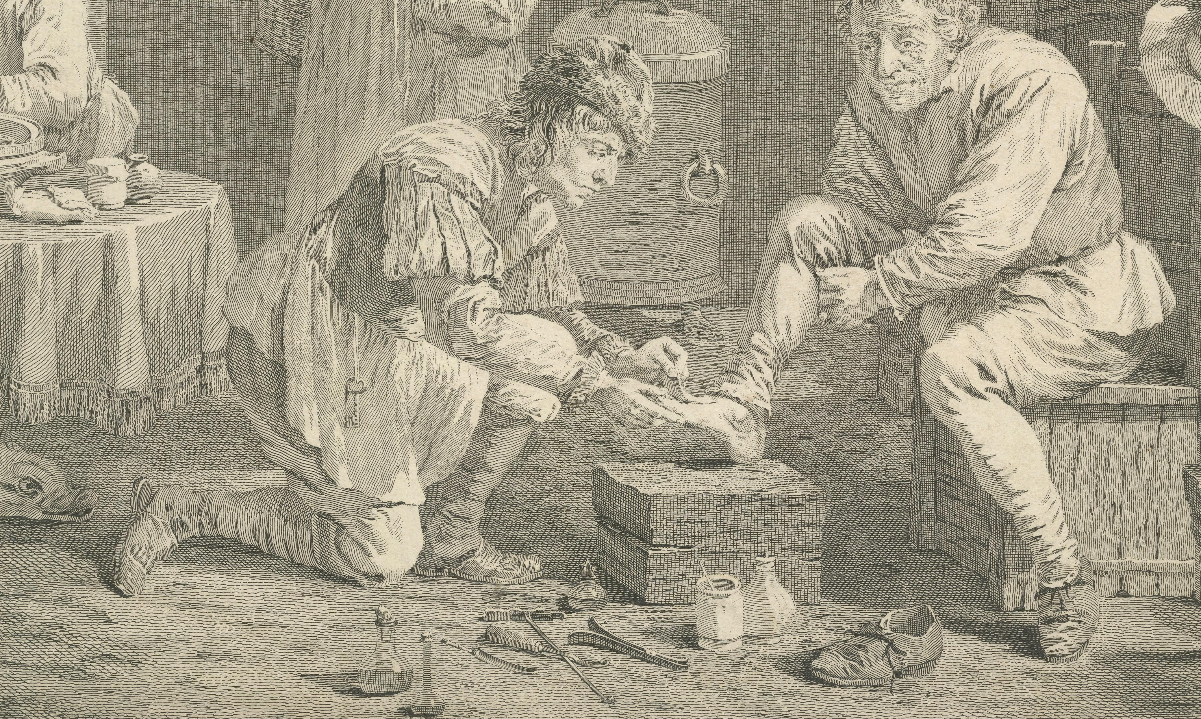 Early Surgery Scene – Village Surgeon Treating Patient, Teniers Engraving, 1740
