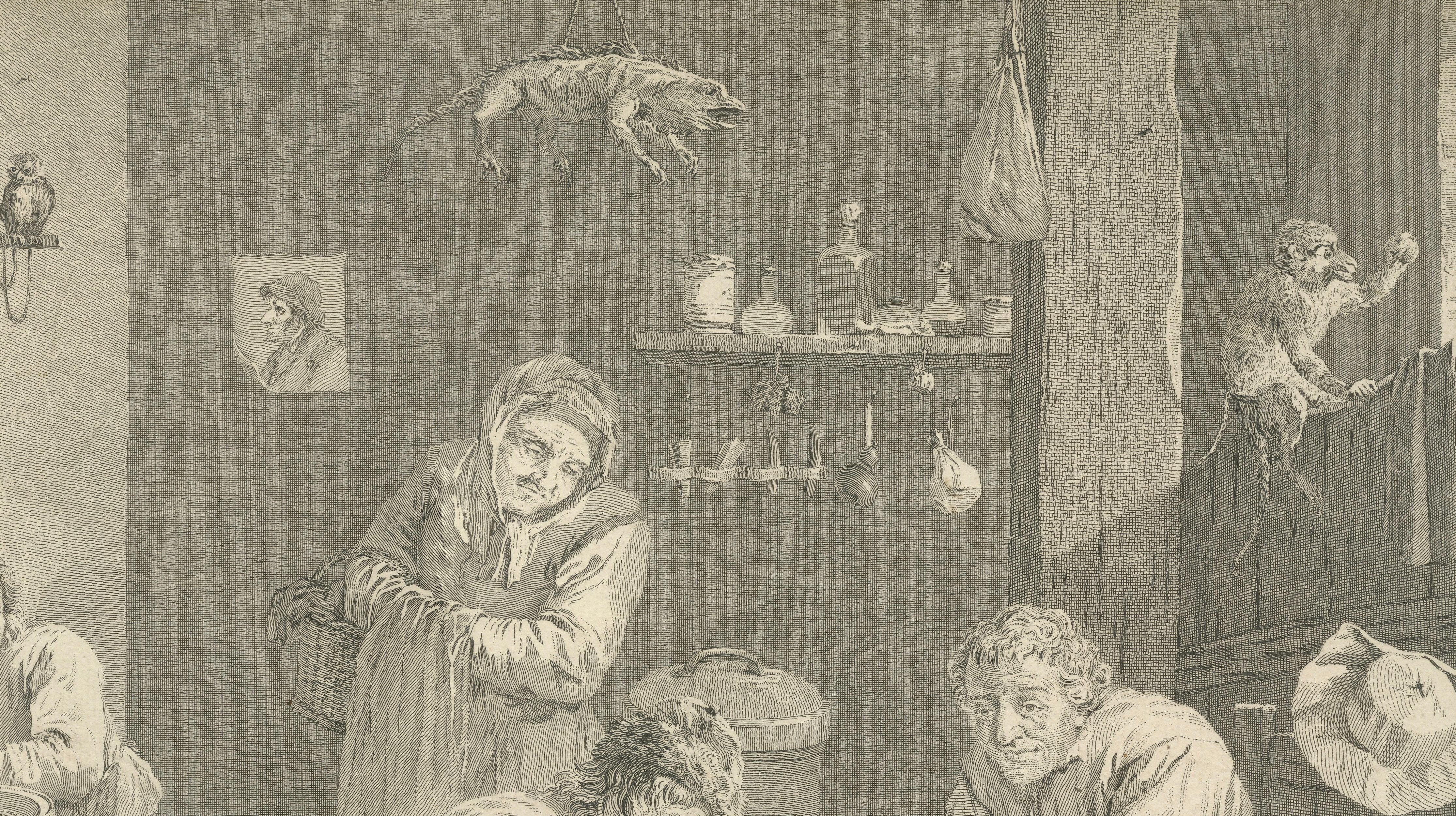 Early Surgery Scene – Village Surgeon Treating Patient, Teniers Engraving, 1740