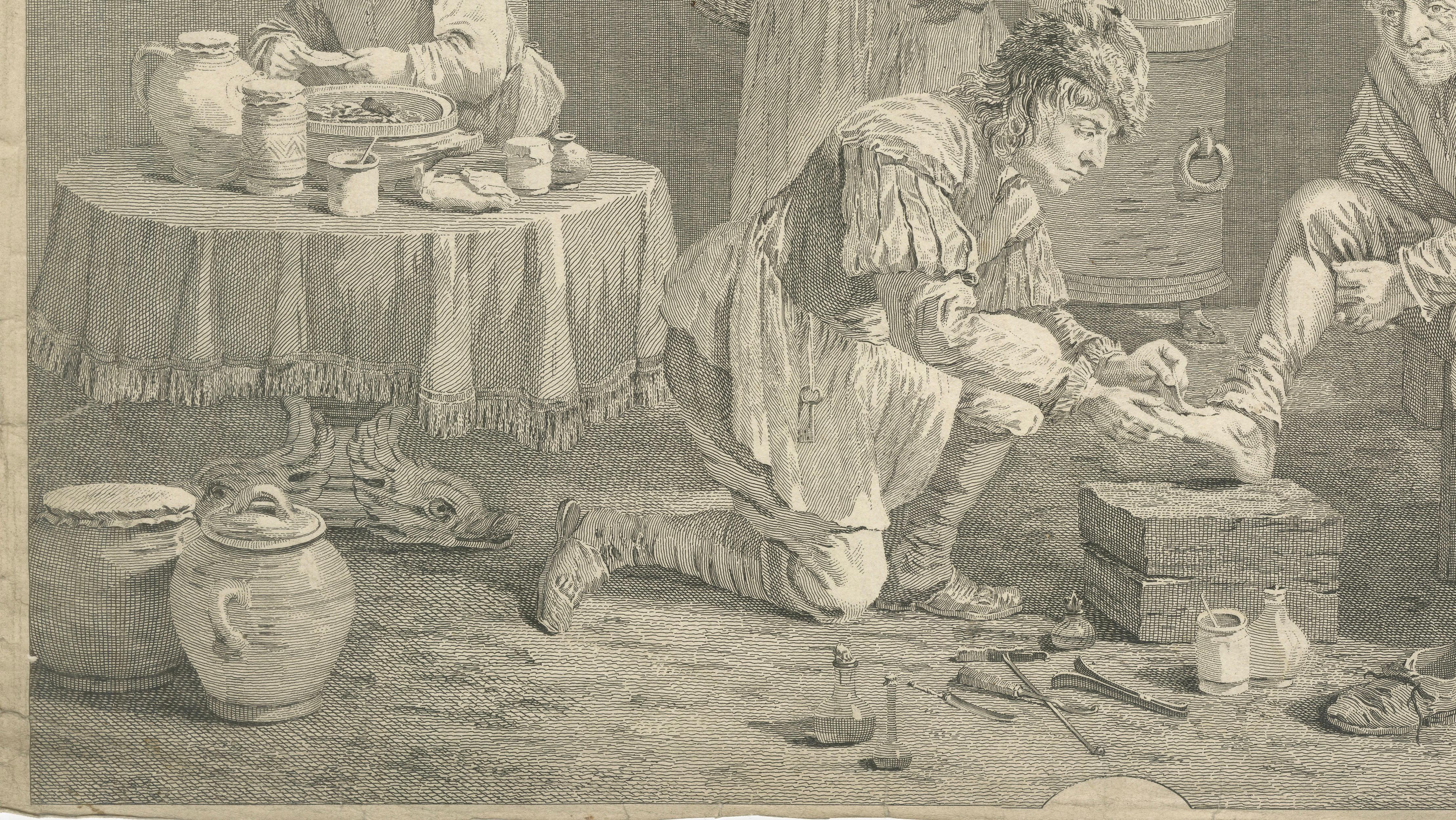 Early Surgery Scene – Village Surgeon Treating Patient, Teniers Engraving, 1740