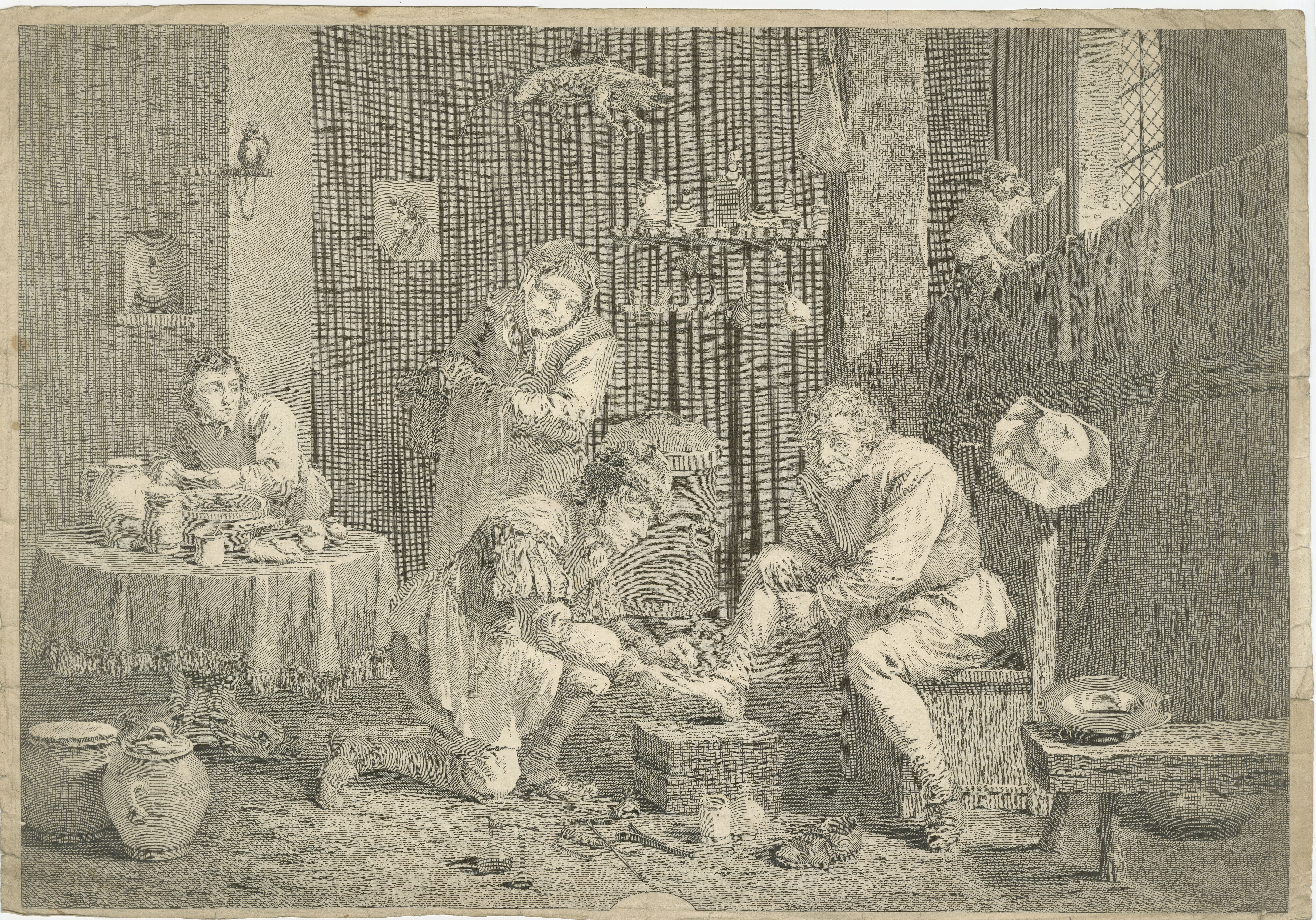 Early Surgery Scene – Village Surgeon Treating Patient, Teniers Engraving, 1740 For Sale