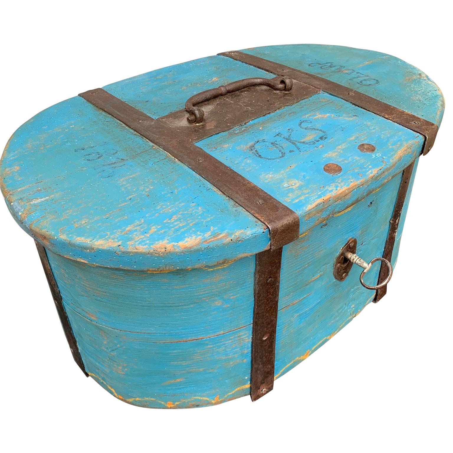 Swedish Folk Art box, with original blue painted decorations and lock with working key. Dated 1816 in the iron.