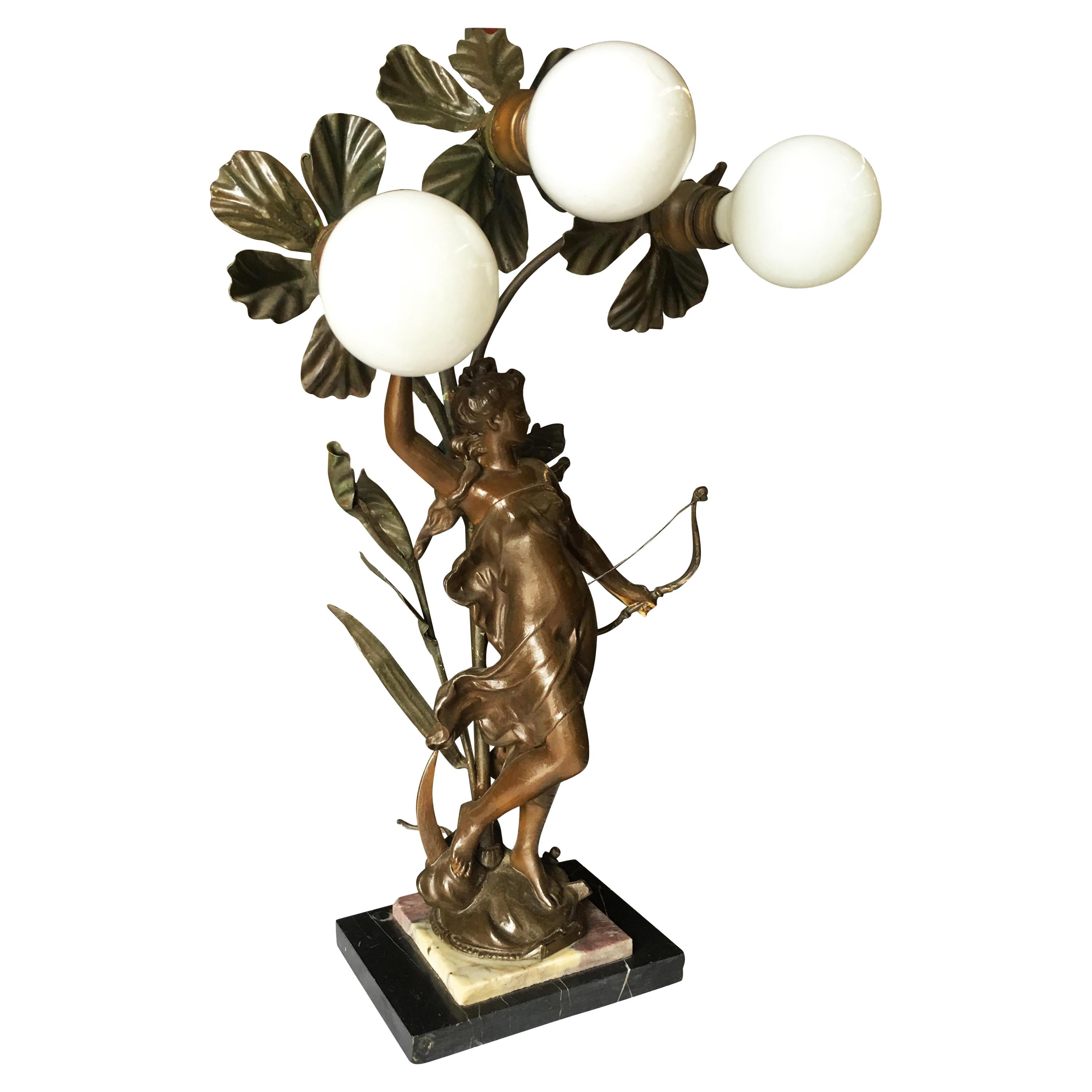 Early Three Bulb Art Nouveau Figural Bronze and Marble Table Lamp