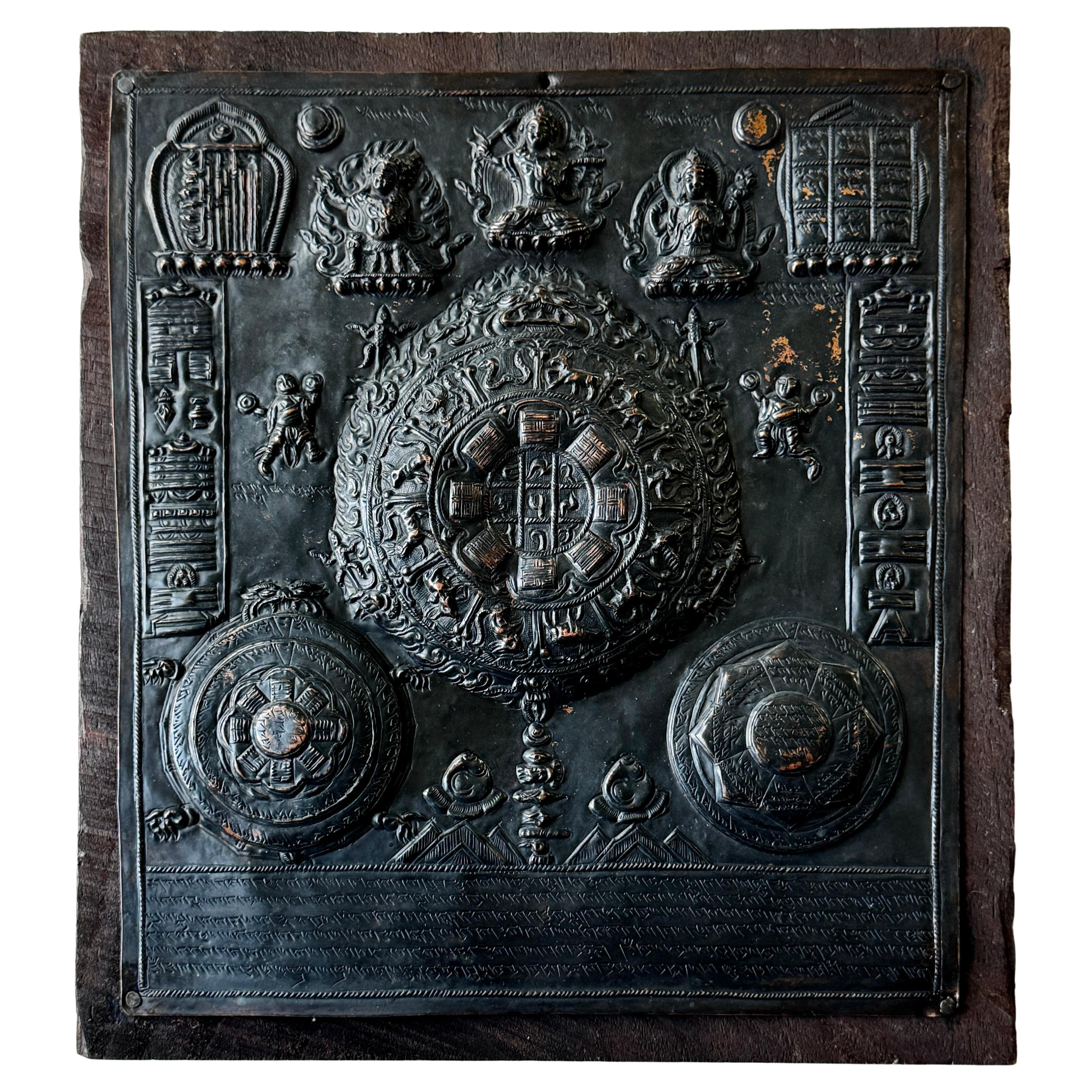 Early Tibetan Copper Bronze Chased Plaque Depicting Zodiac Calendar   For Sale