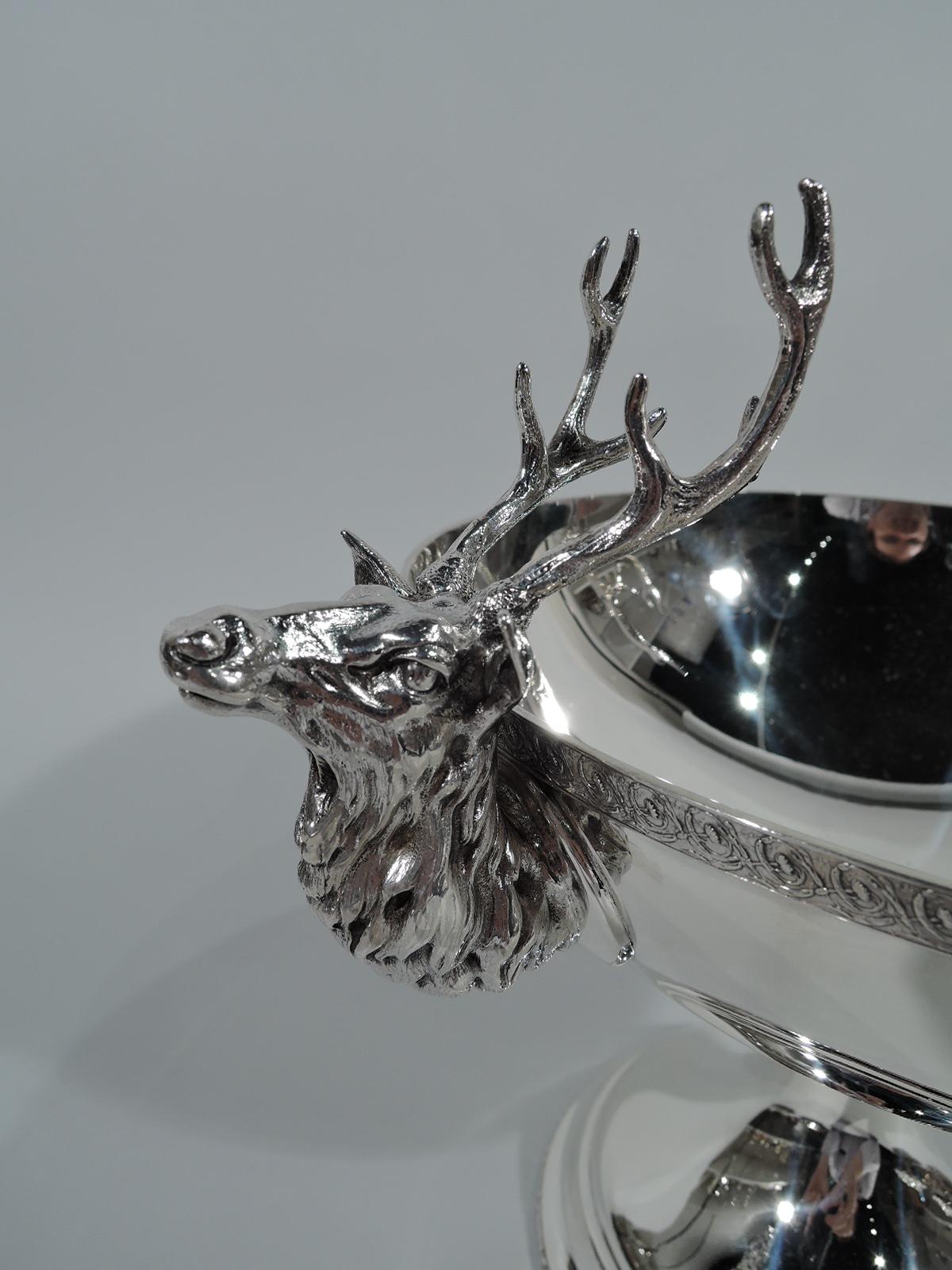 Victorian Early Tiffany Sterling Silver Deer Compote with Majestic Stag Antlers