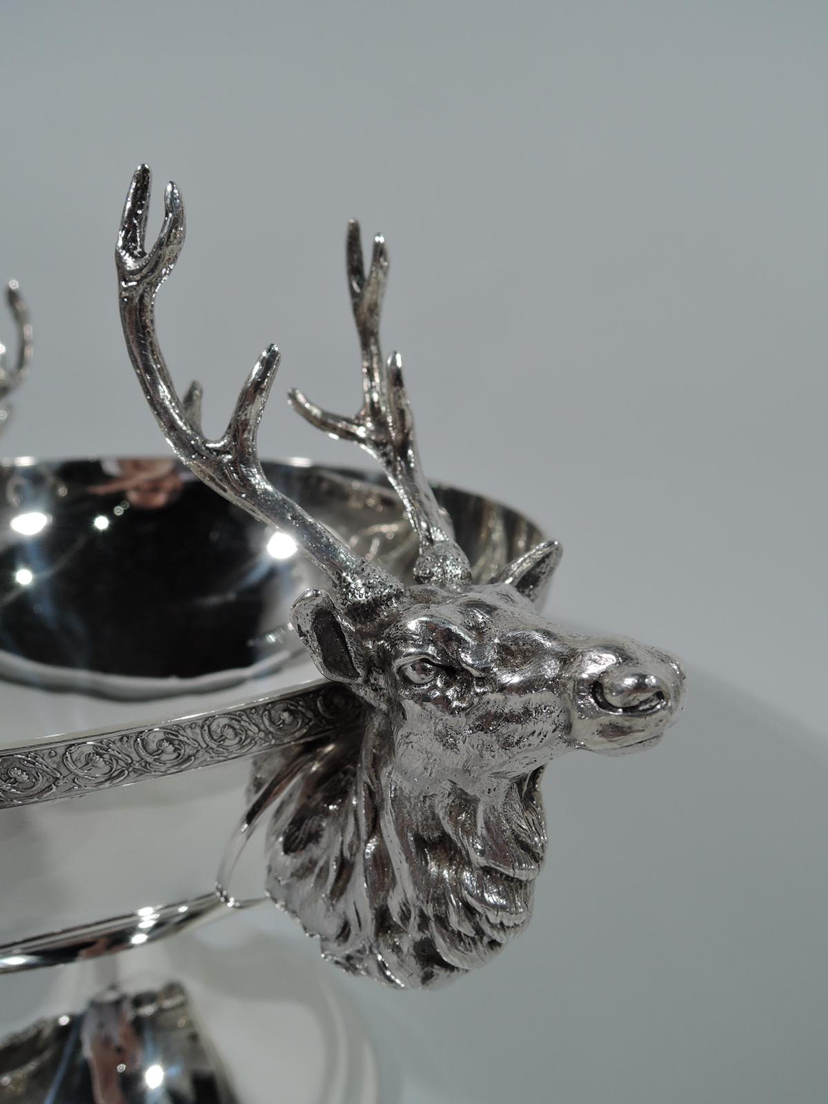 American Early Tiffany Sterling Silver Deer Compote with Majestic Stag Antlers
