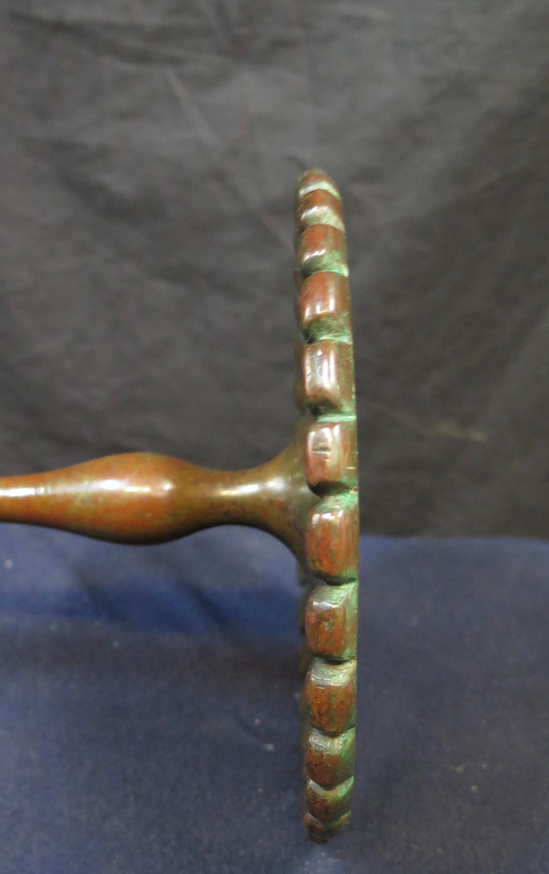 Early Tiffany Studios Patinated Bronze Candlestick with Blown Out Green Glass 3