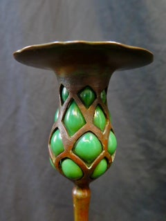 Early Tiffany Studios Patinated Bronze Candlestick with Blown Out Green Glass