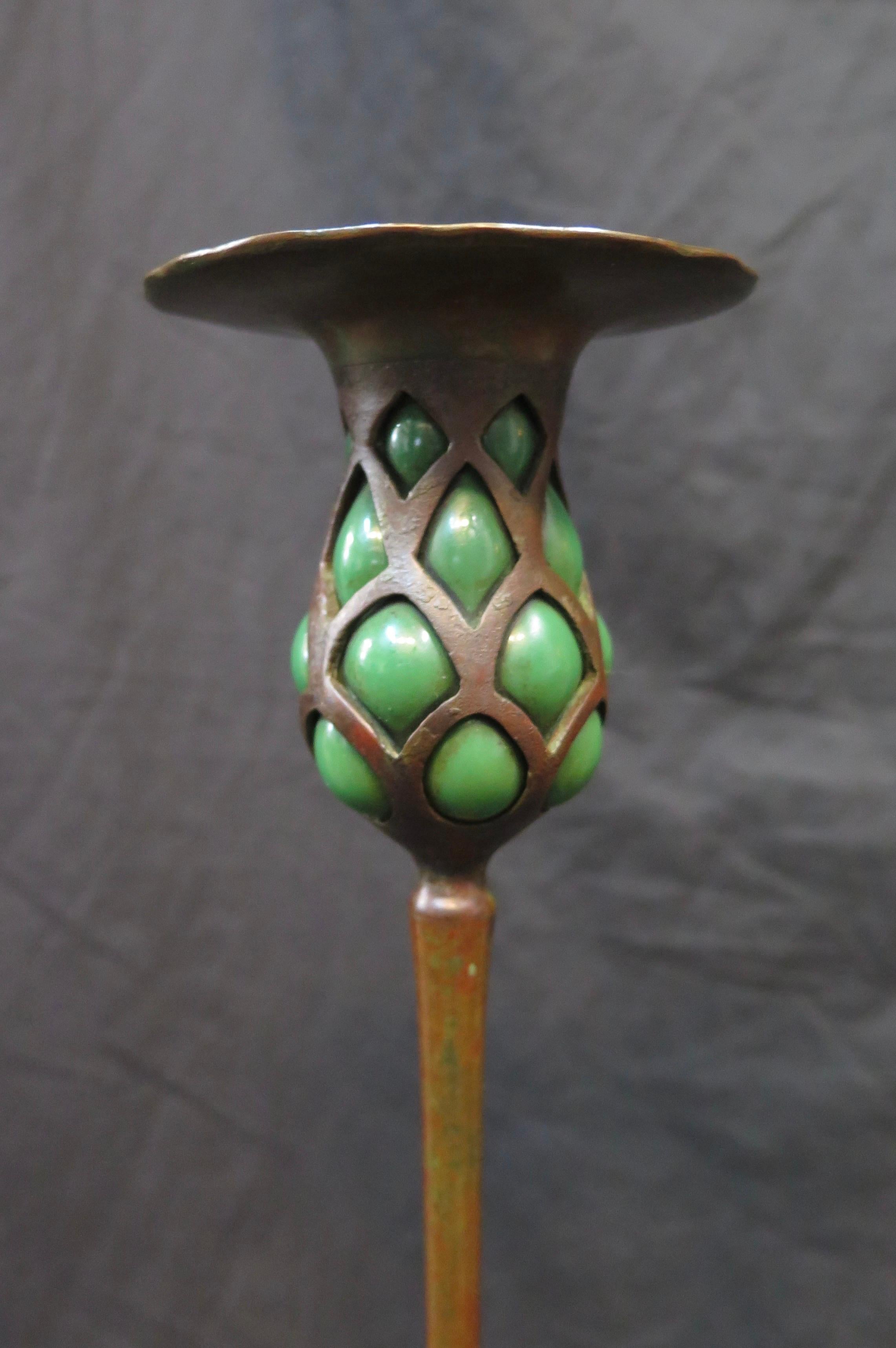 Blown Glass Early Tiffany Studios Patinated Bronze Candlestick with Blown Out Green Glass
