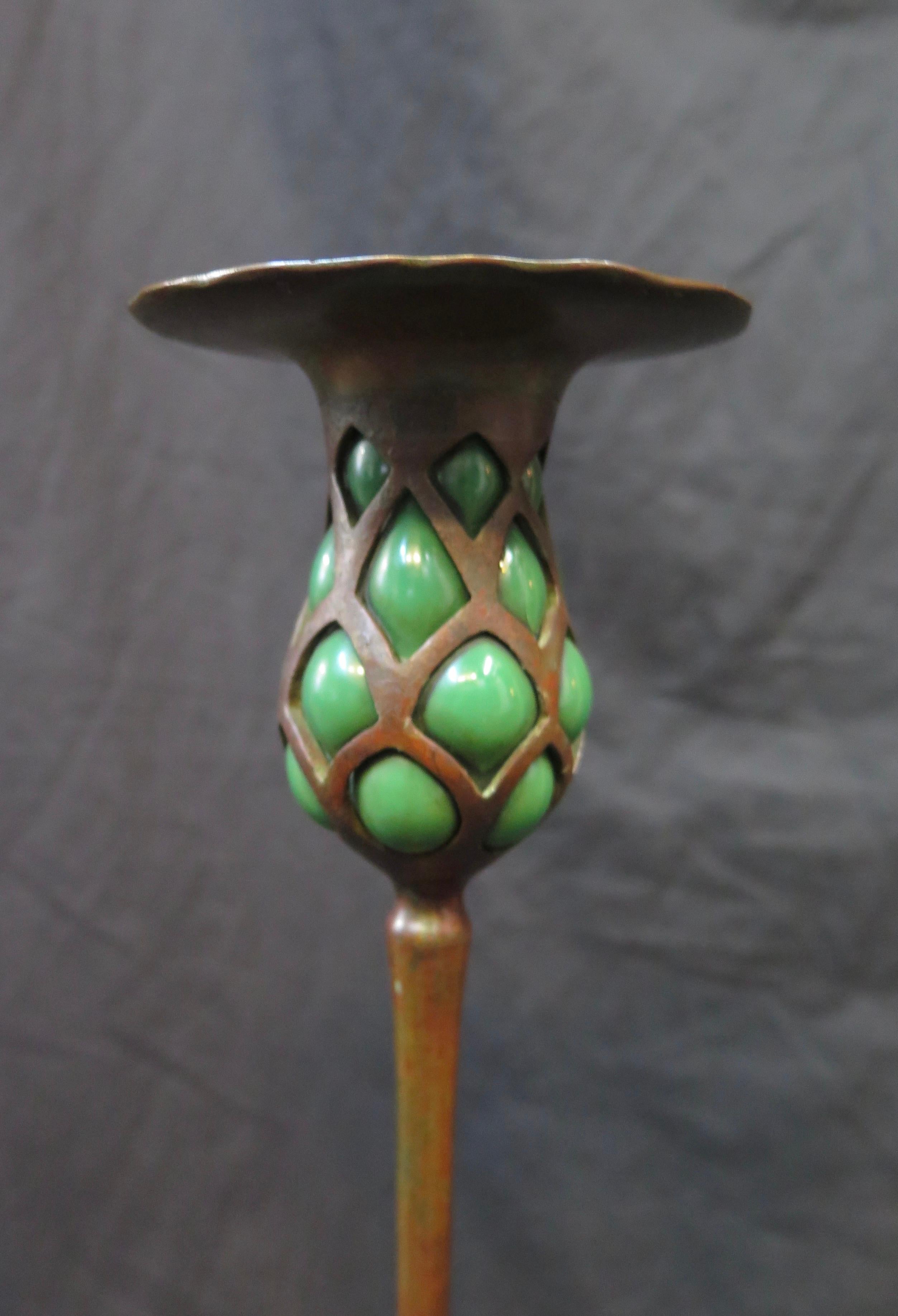 Early Tiffany Studios Patinated Bronze Candlestick with Blown Out Green Glass 1