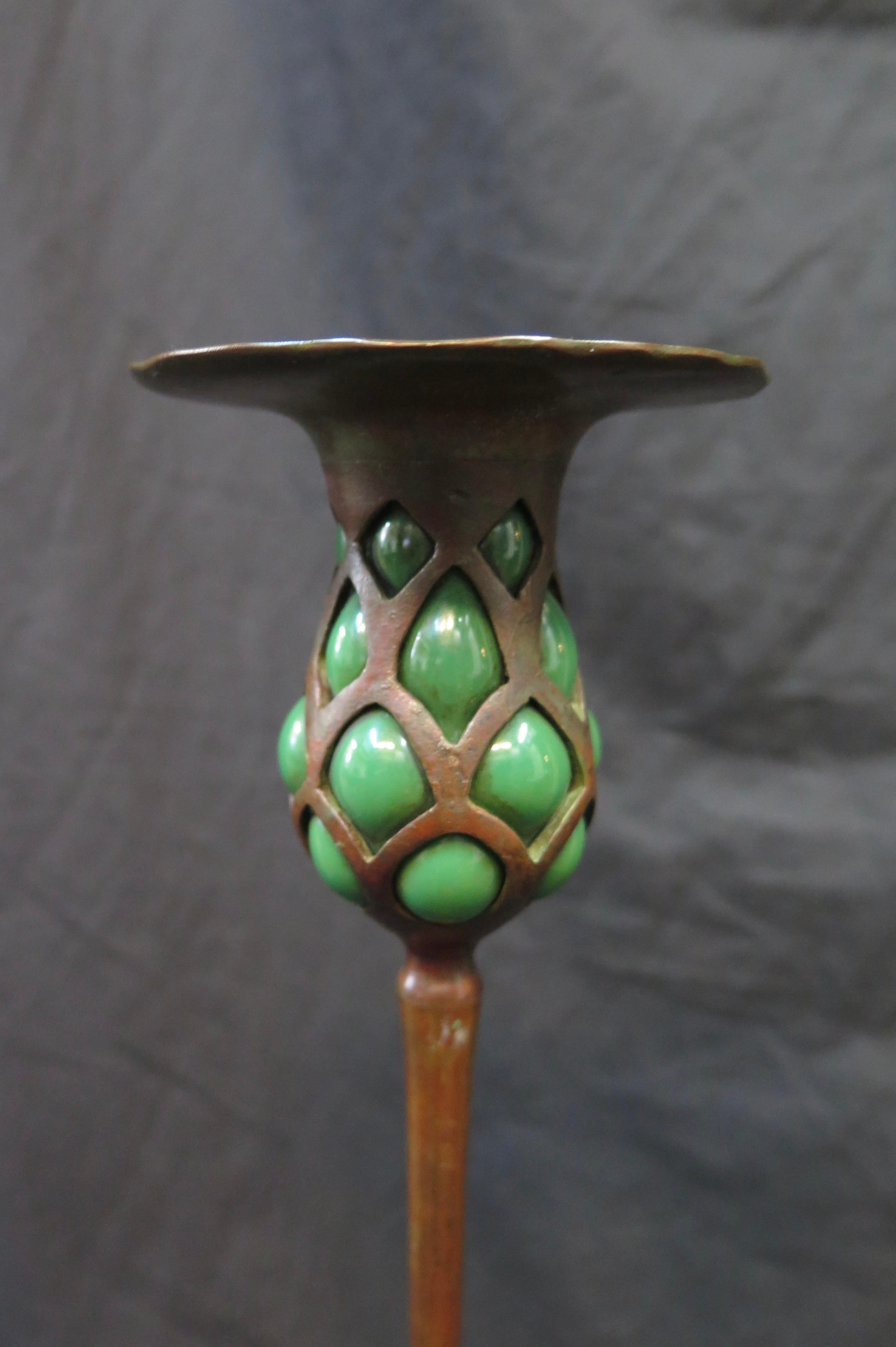 Early Tiffany Studios Patinated Bronze Candlestick with Blown Out Green Glass 2