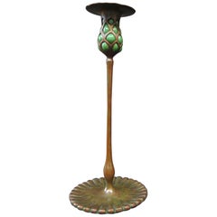 Early Tiffany Studios Patinated Bronze Candlestick with Blown Out Green Glass