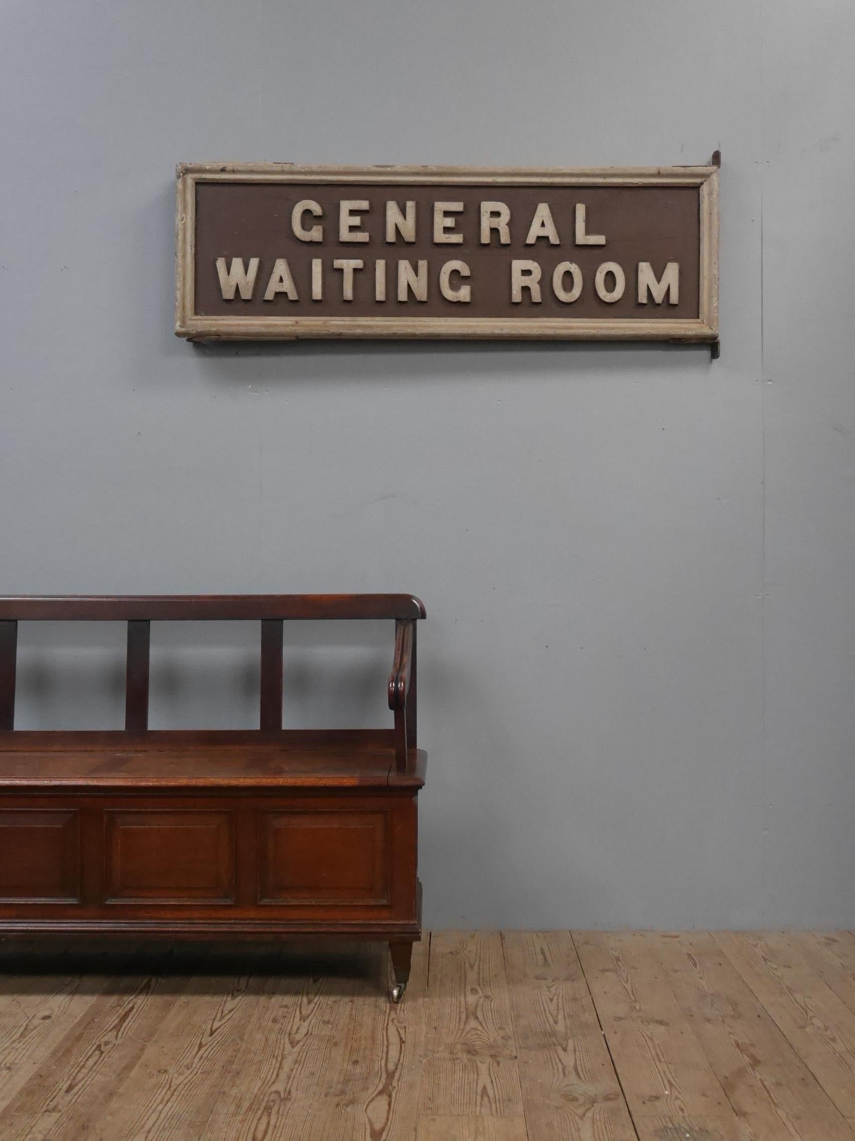 A large Great Western Railway 'General Waiting Room' sign.
A wonderful antique sign, in thick timber & in its original iron frame with cast iron lettering & all original paint. With the perfect amount of wear & some beautiful iron work brackets