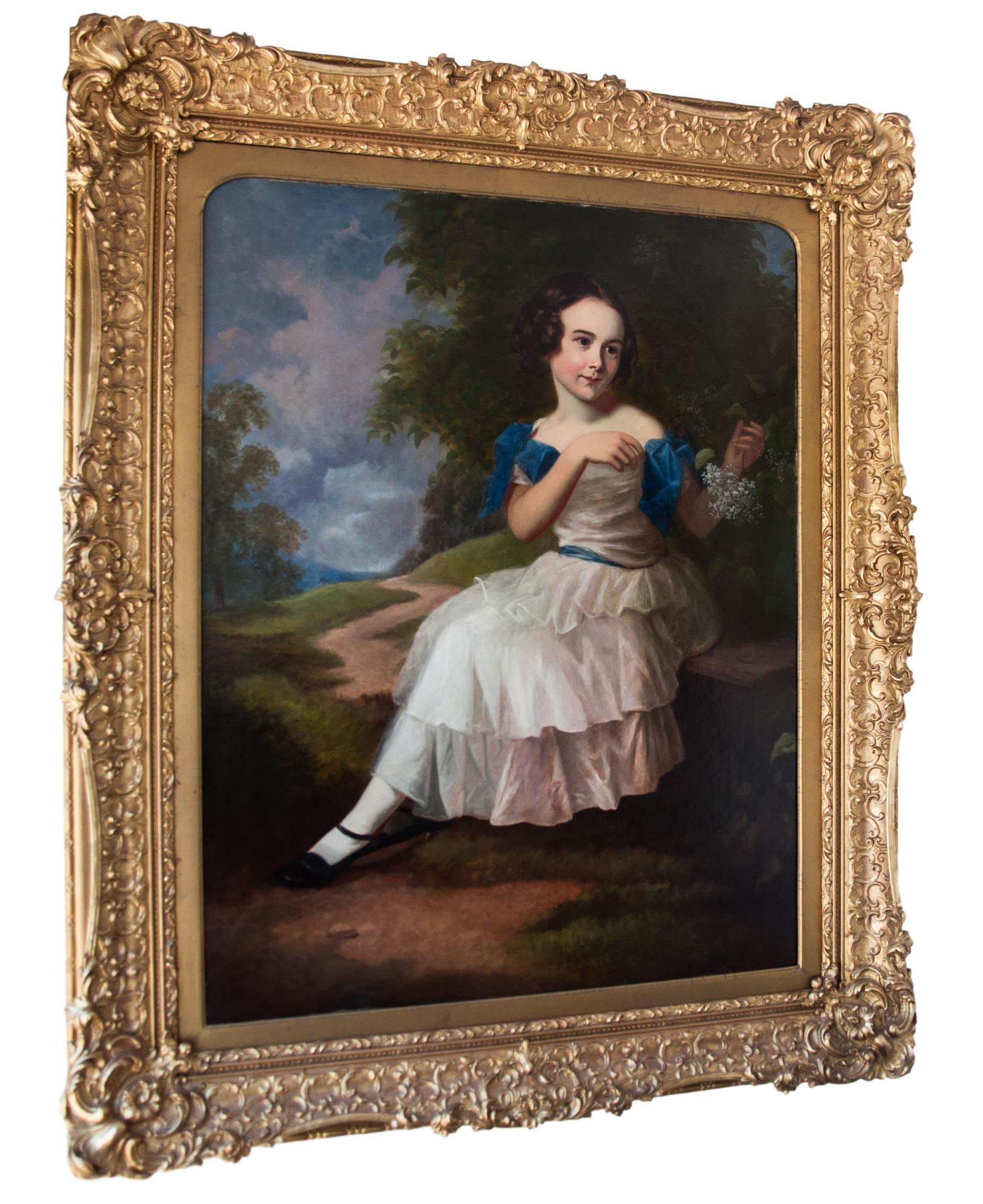 Early to mid-19th century oil on canvas portrait of young girl in the garden in it's original gilded frame, circa 1850. Unsigned. In great condition. 

Size: 3