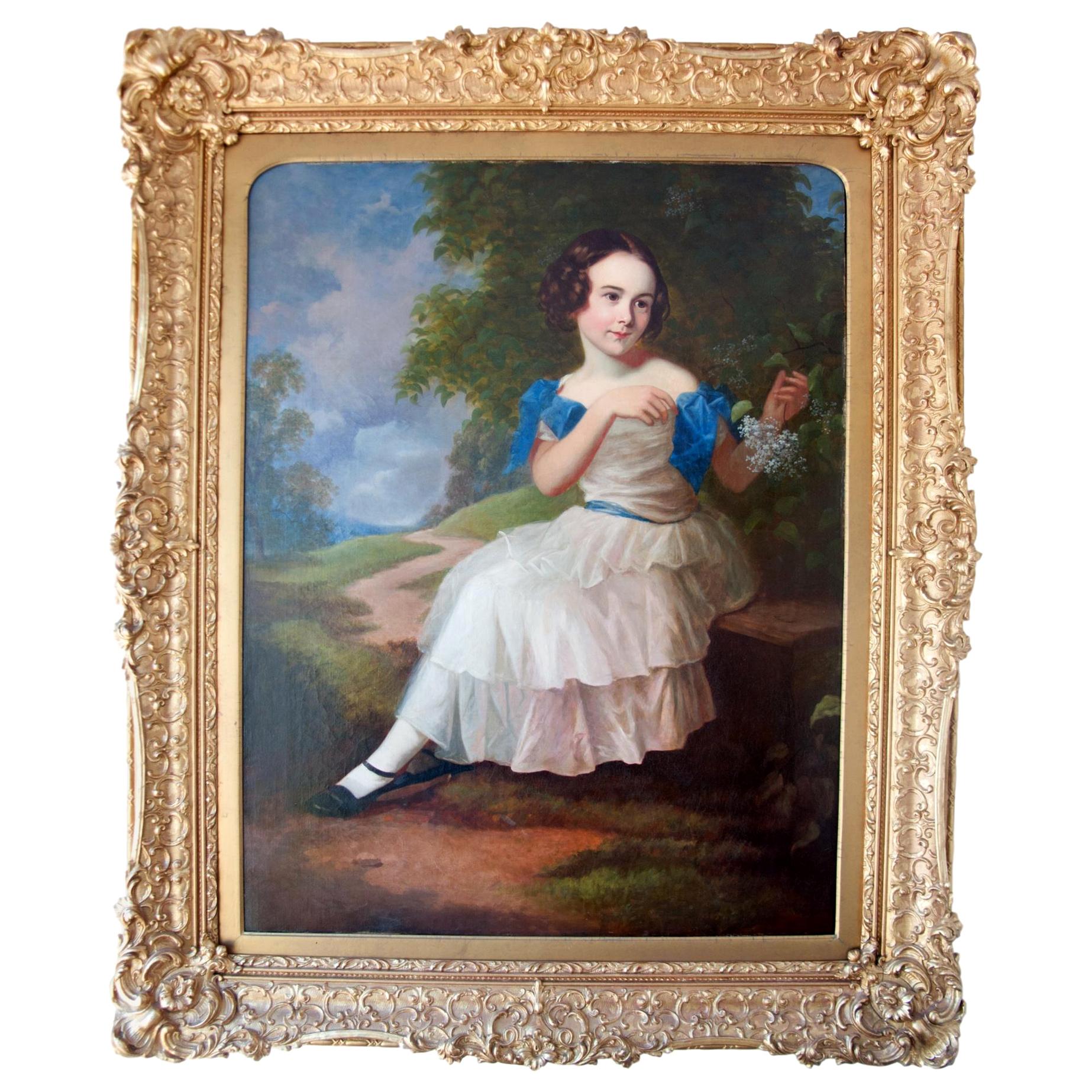 Early to Mid-19th Century Oil on Canvas Portrait of Young Girl, circa 1850