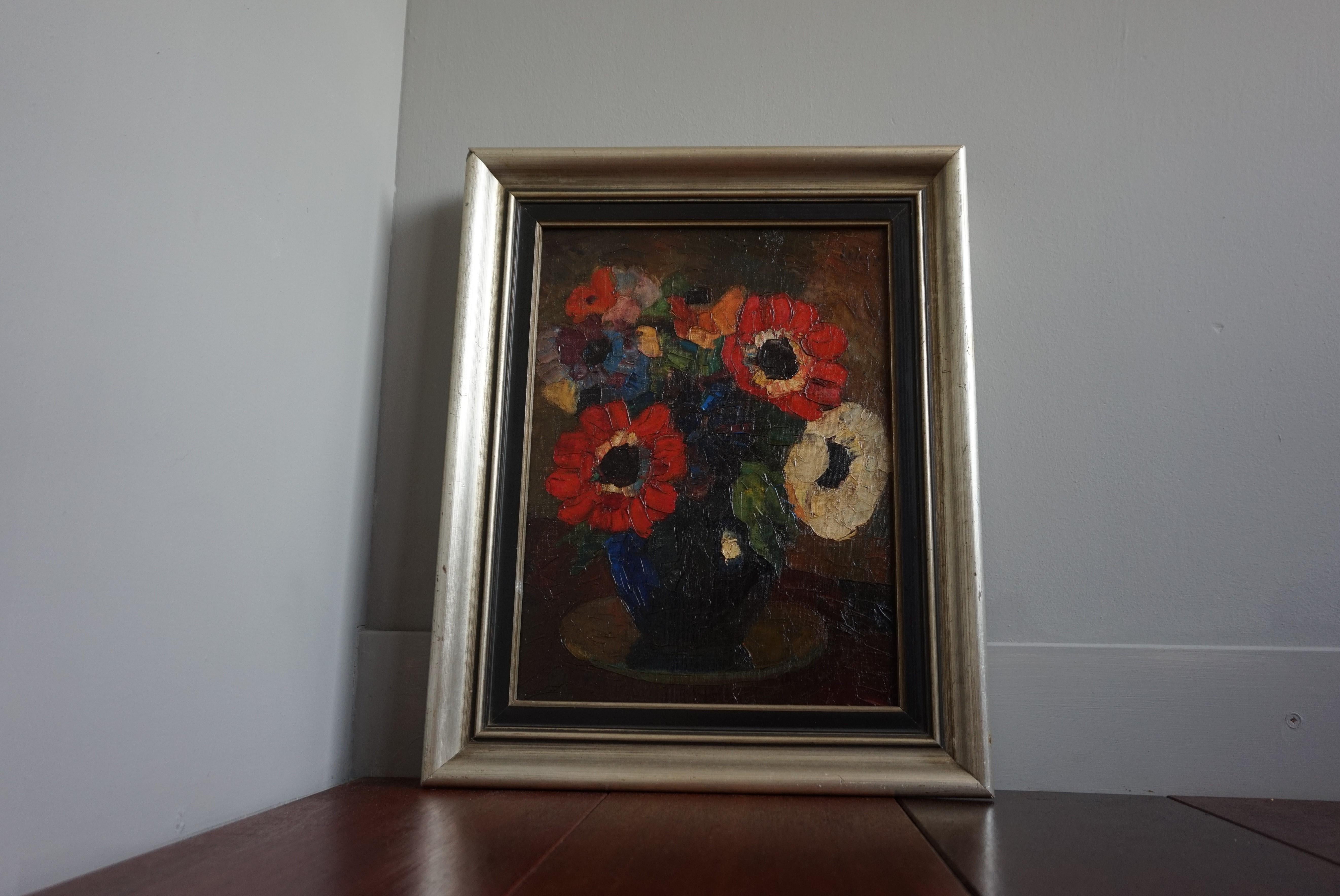 Early to Mid-20th Century Colorful & Vibrant Bouquet of Flowers in Vase Painting For Sale 8